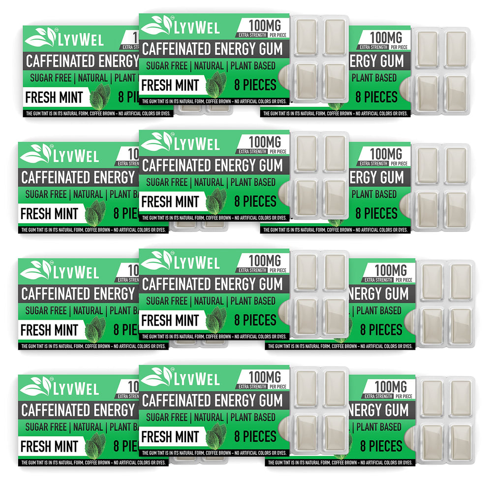 LyvWel Energy Gum showing 100mg caffeine per piece