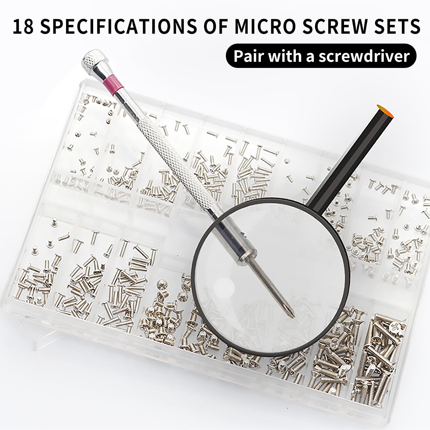 Close-up of 18 sizes of stainless steel Phillips micro screws