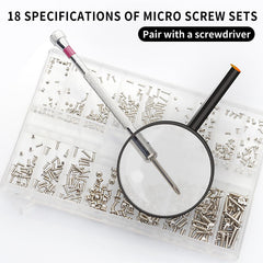 Close-up of 18 sizes of stainless steel Phillips micro screws