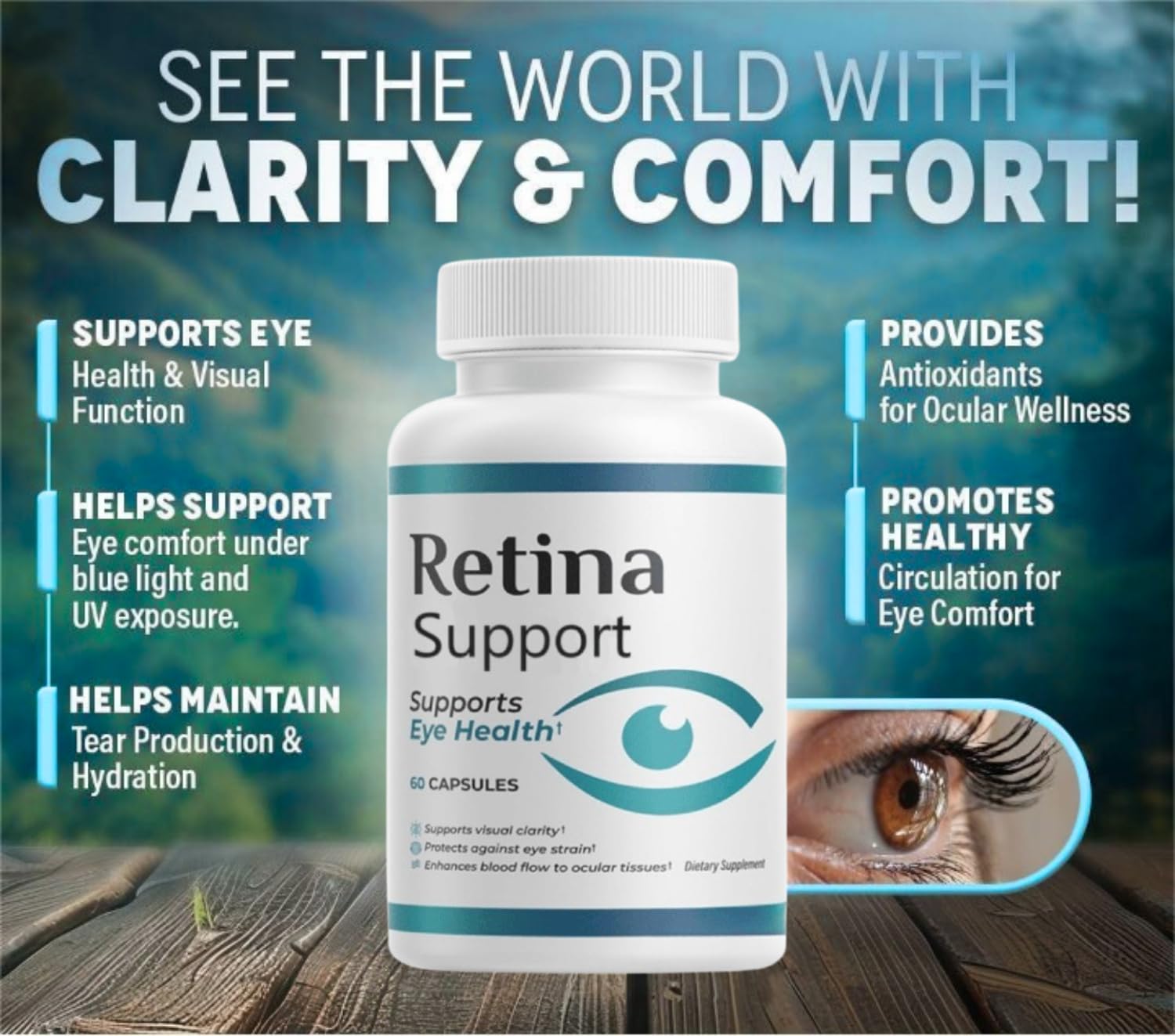 Close-up of RetinaSupport capsules for eye health