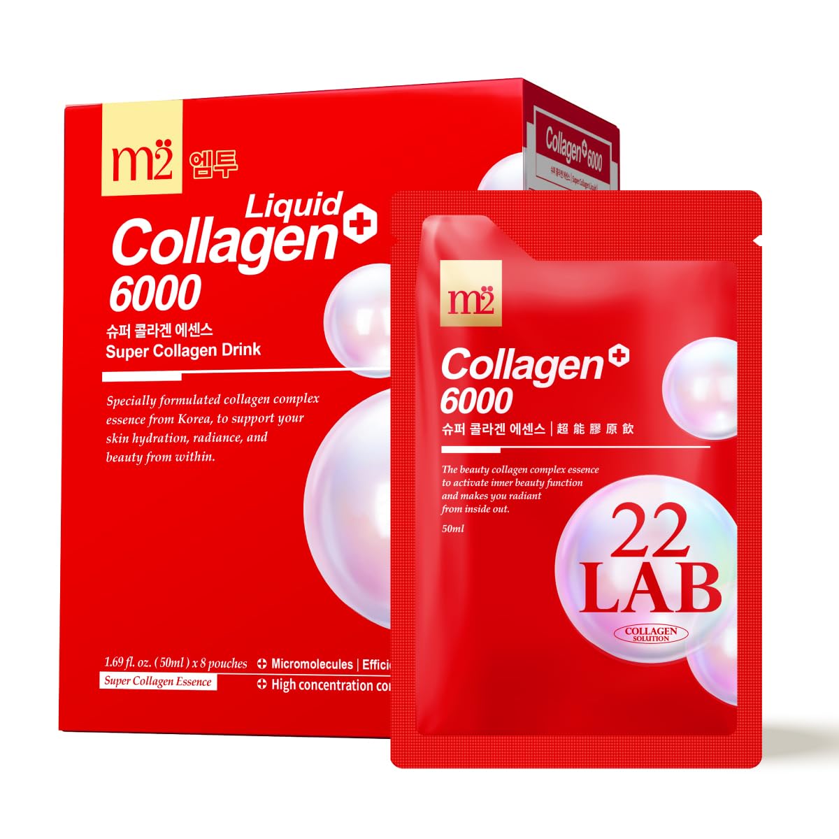 Pack shot of M2 Liquid Collagen Drink 6000mg dual peptide 8-pack