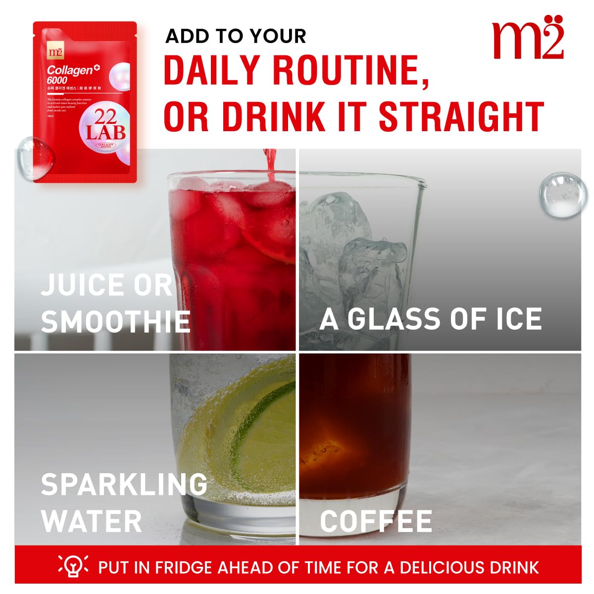 M2 Collagen Drink pouch with bottle label detail