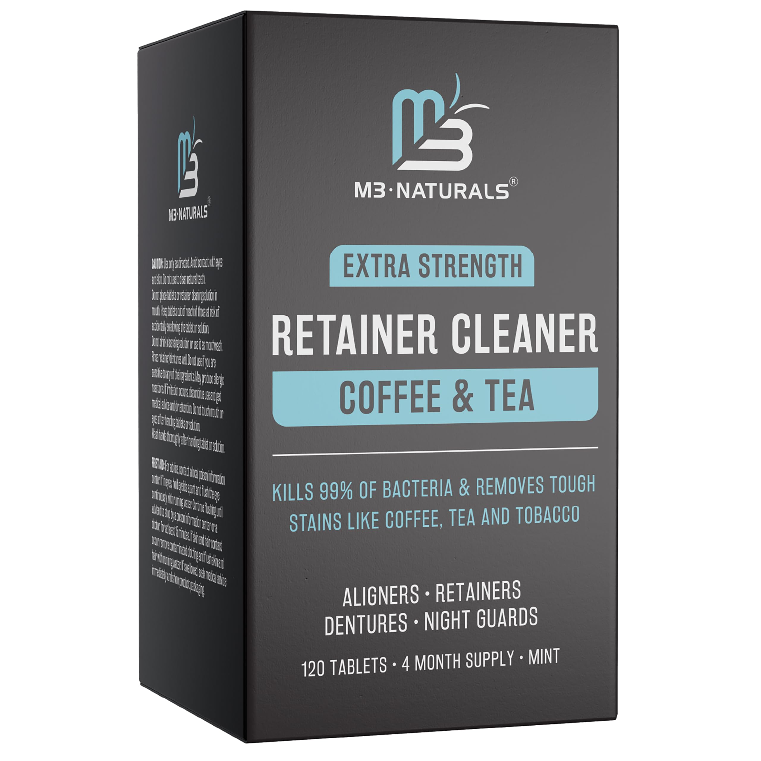 Front view of M3 Naturals Coffee and Tea Retainer Cleaner tablets bottle