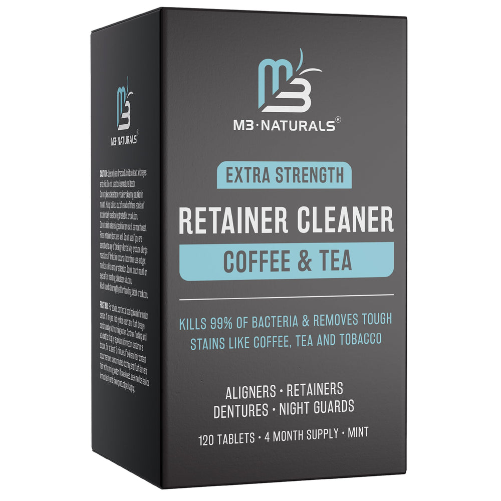 Front view of M3 Naturals Coffee and Tea Retainer Cleaner tablets bottle