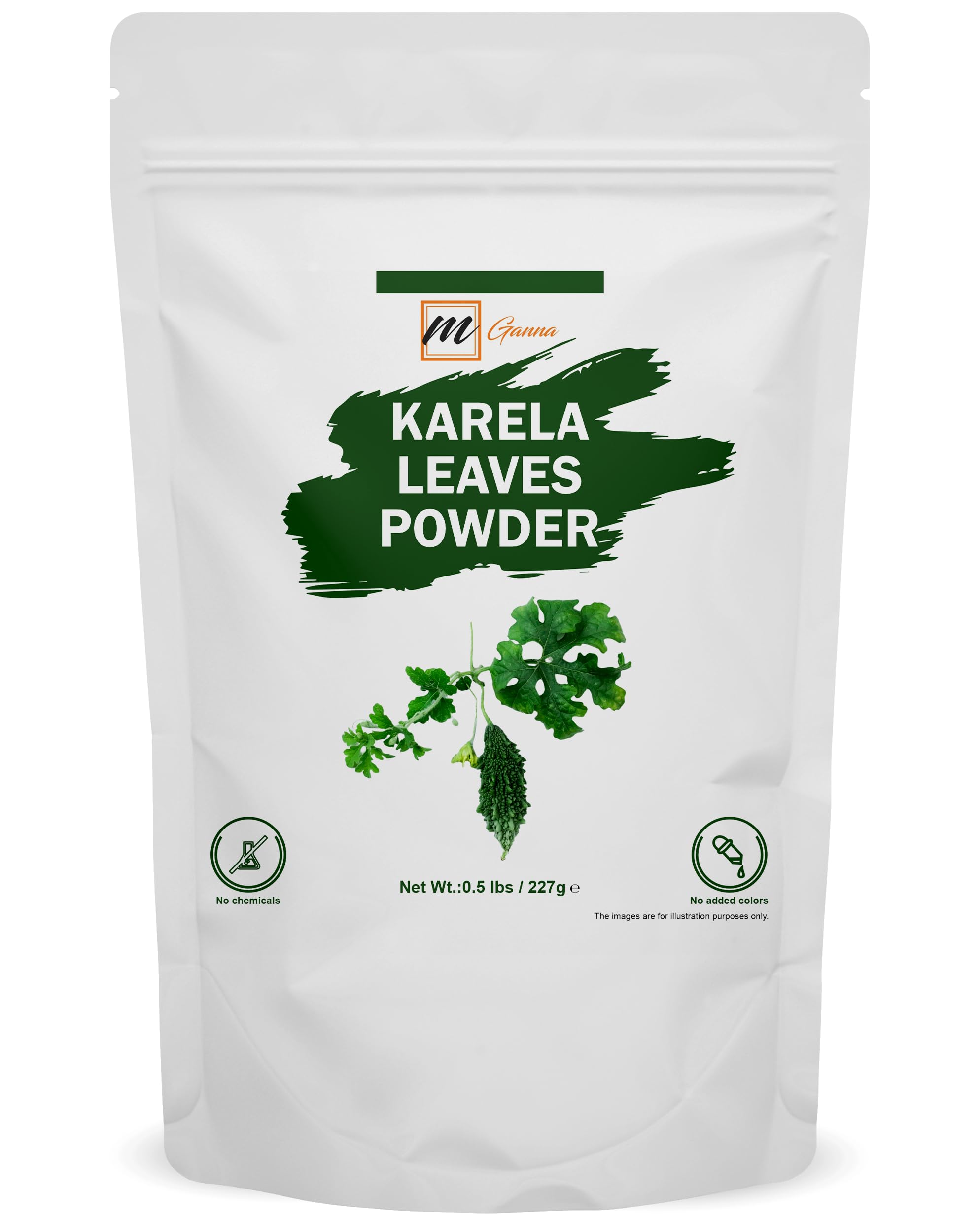 Front view of mGanna Karela leaves powder in a glass jar