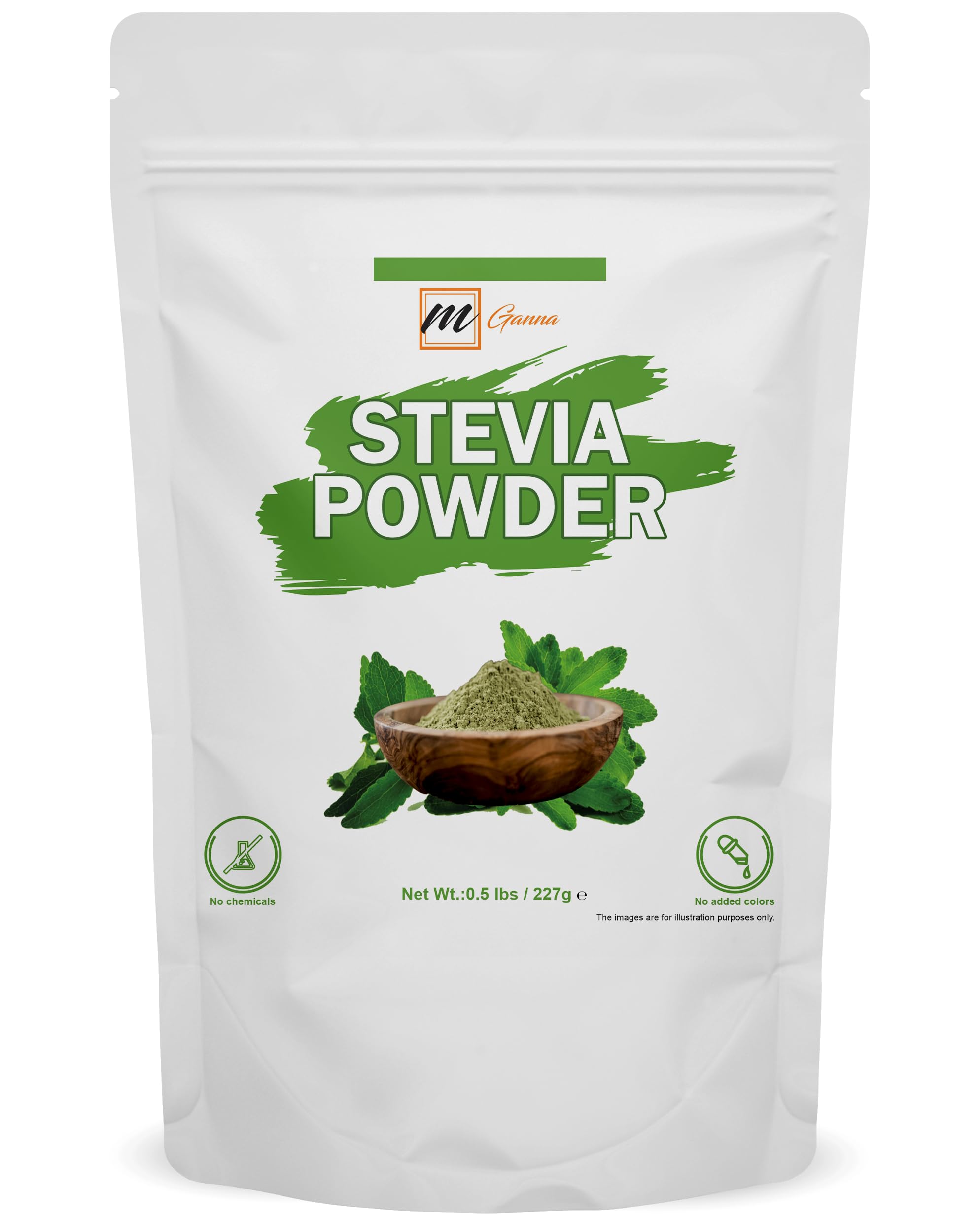 Front view of mGanna 100% Natural Stevia Leaf Powder 227 g (0.5 lb)
