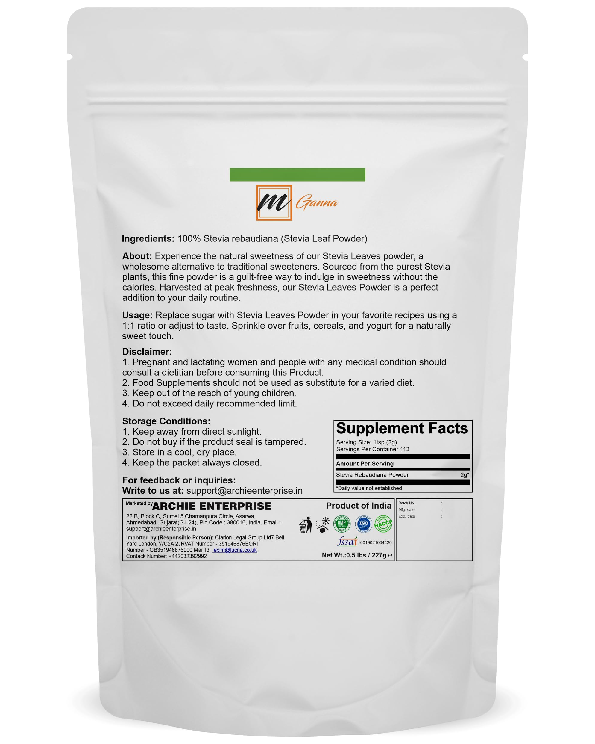 mGanna Stevia Leaf Powder packaging