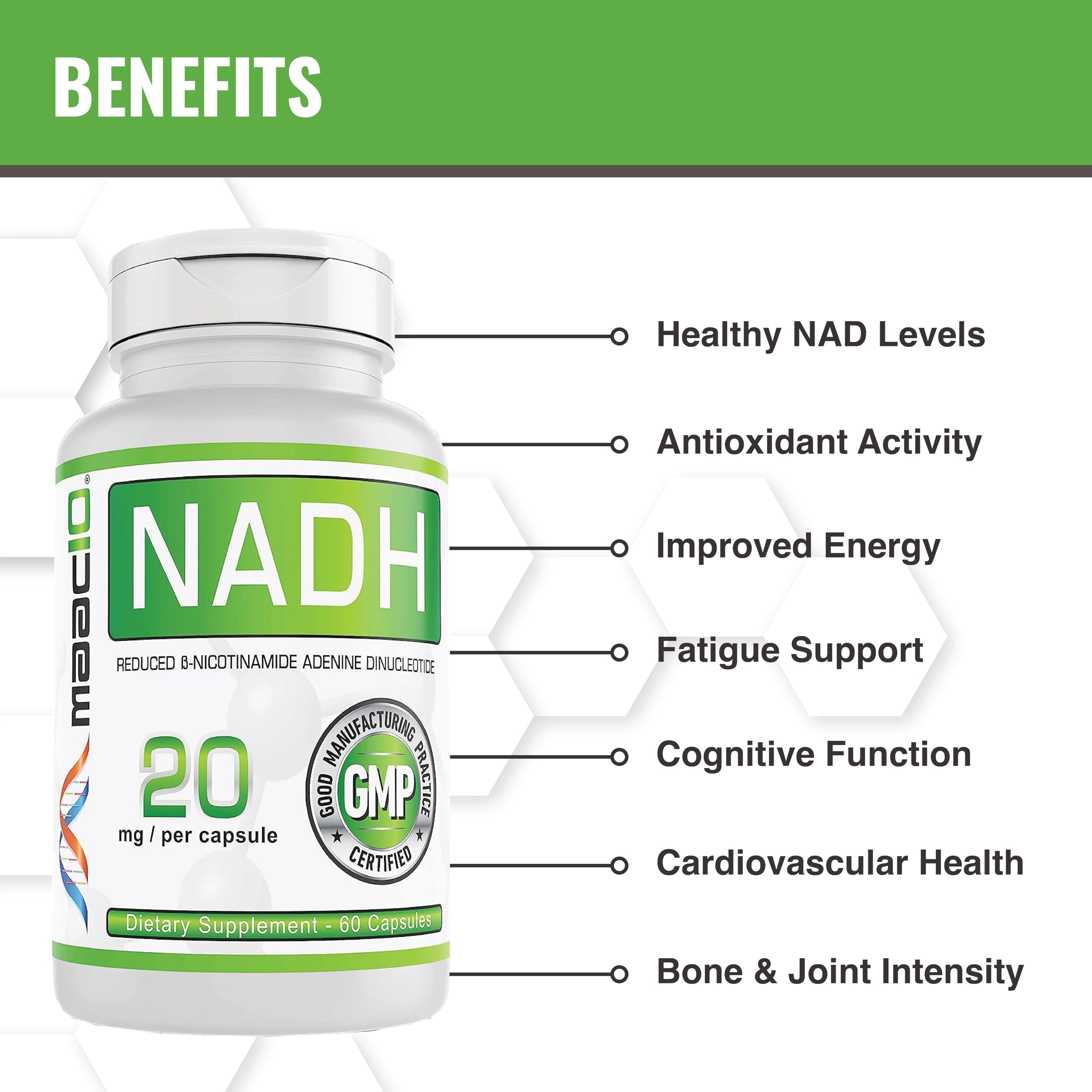 One MAAC10 NADH capsule provides energy during busy days and activities.