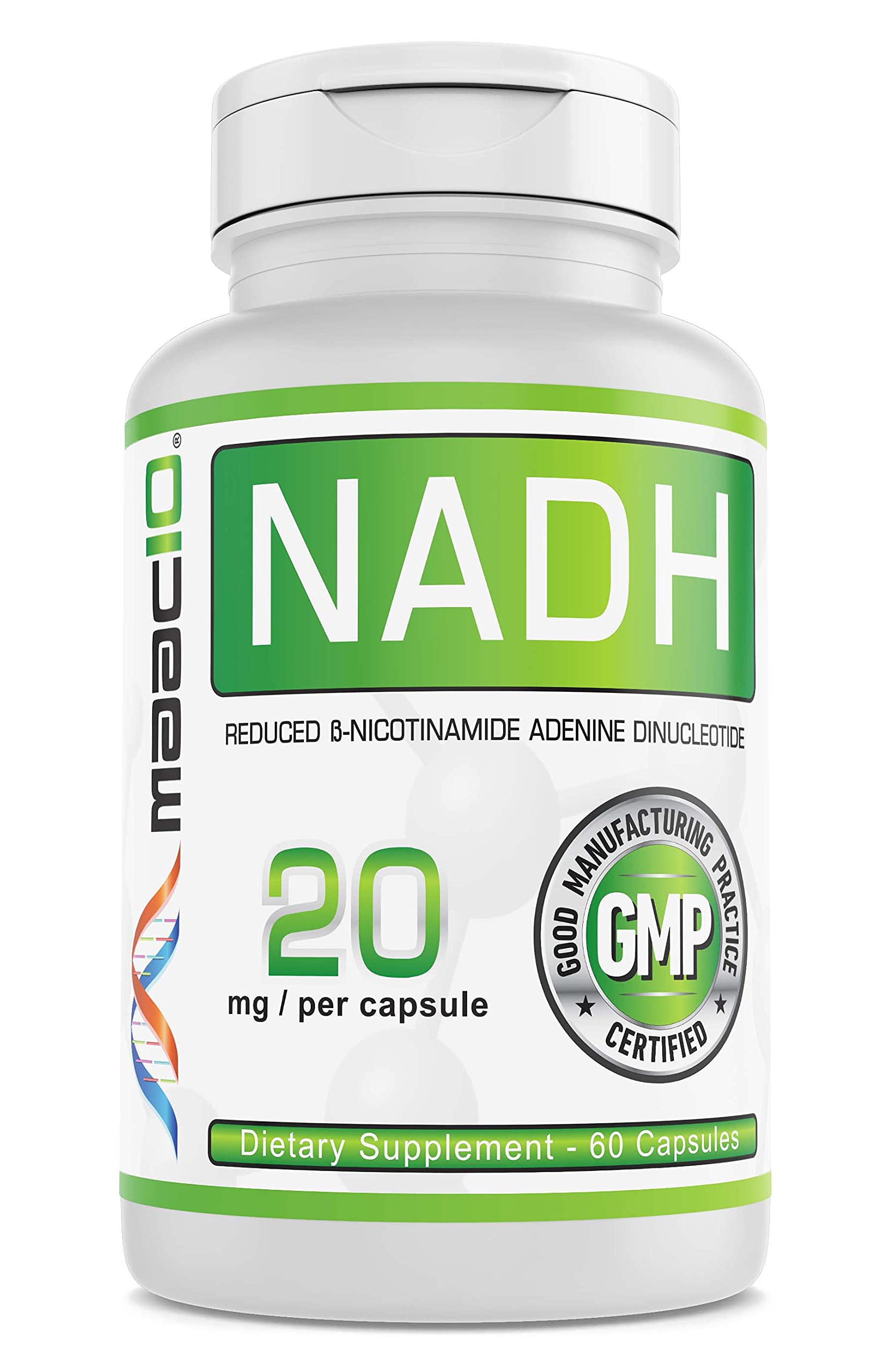 MAAC10 NADH bottle with capsules supporting daily energy and focus.