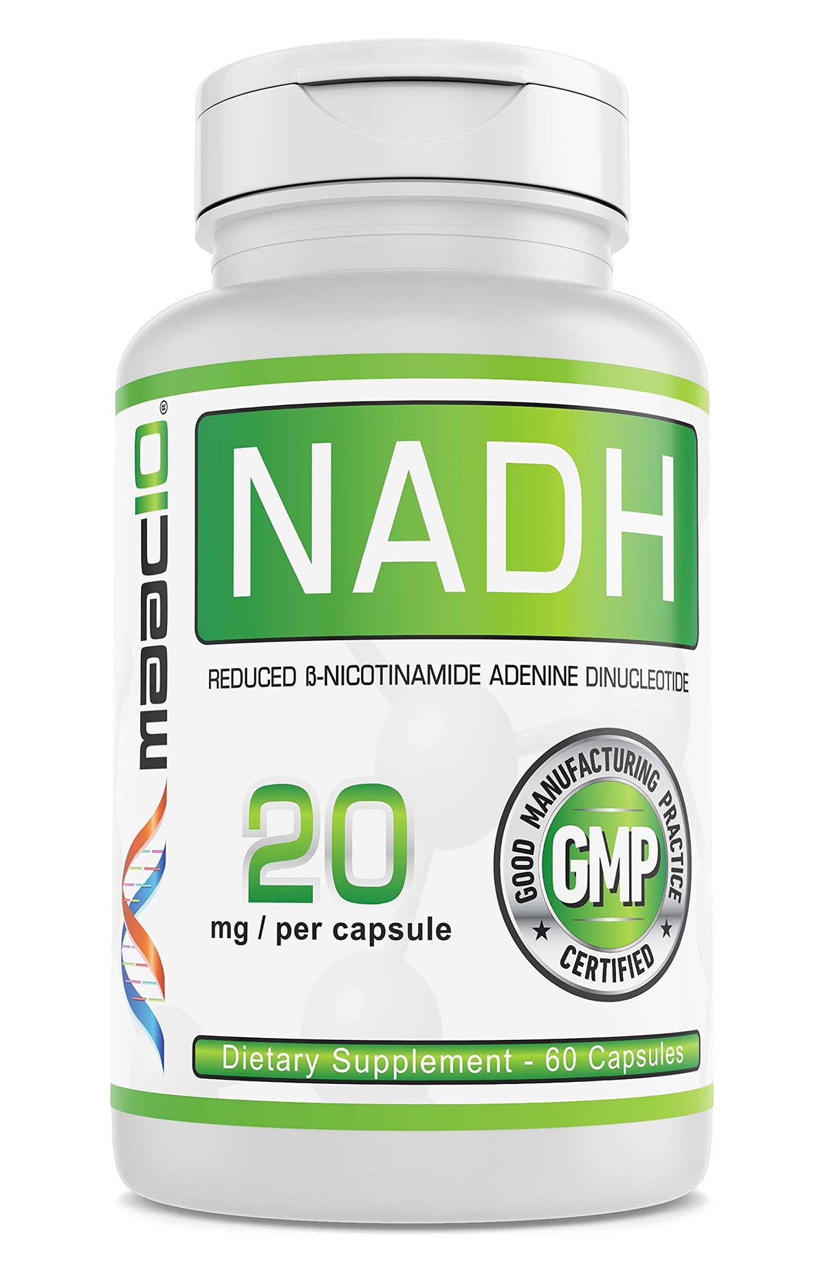 MAAC10 NADH bottle with capsules supporting daily energy and focus.
