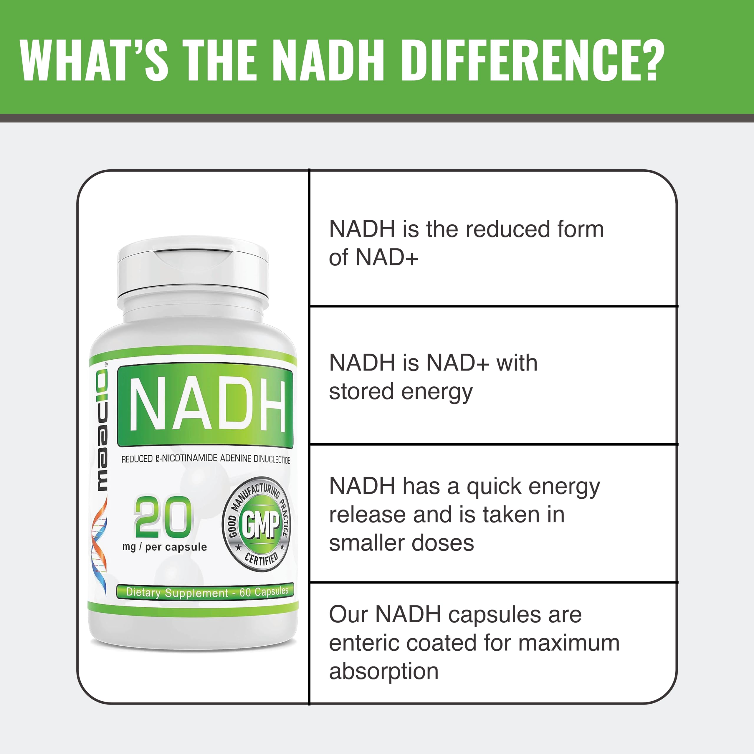 MAAC10 NADH bottle label highlighting purity and vegan ingredients.