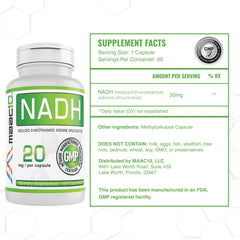 Closeup of MAAC10 NADH capsule highlighting 20 mg dosage for energy.