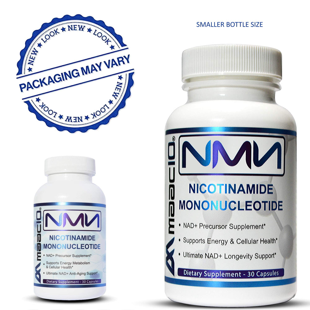 Box and bottle of MAAC10 NMN 125mg capsules