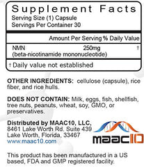 Close-up of MAAC10 NMN 250mg capsules