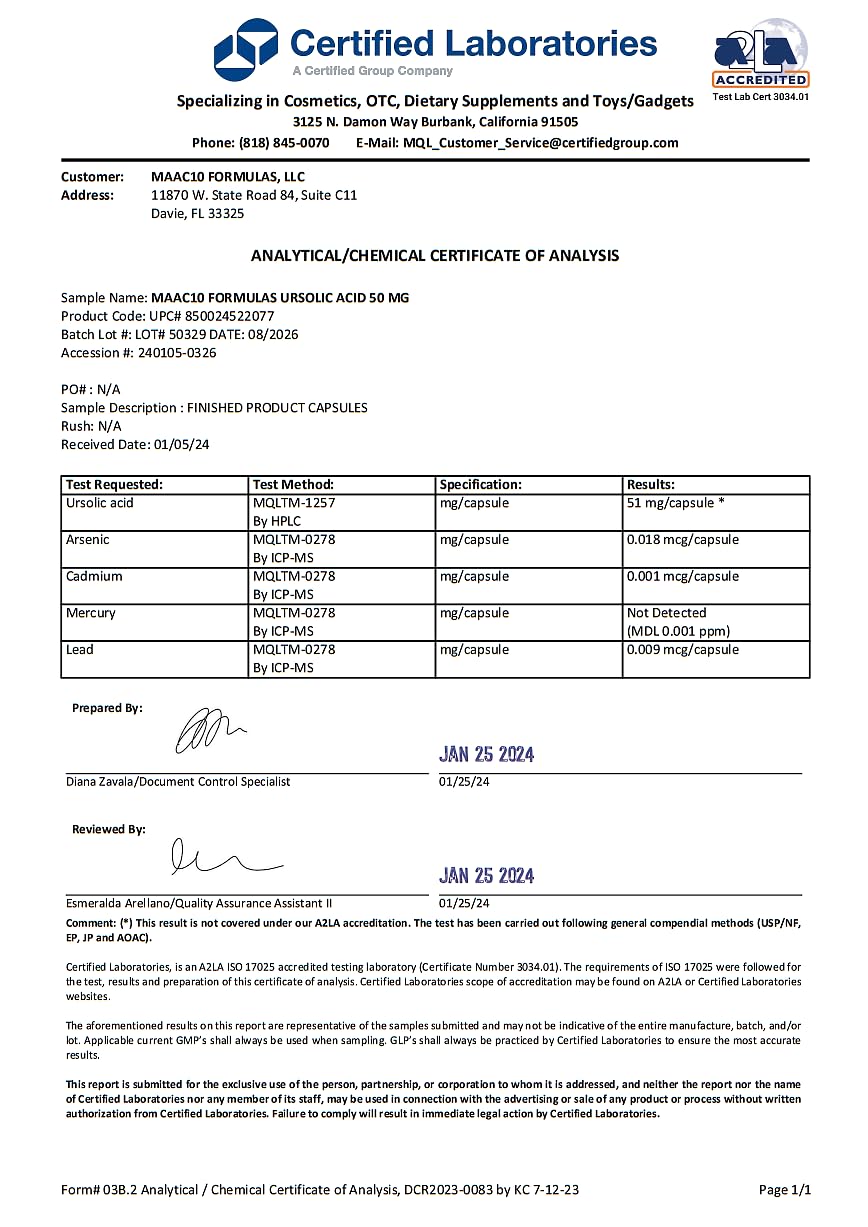 MAAC10 Ursolic Acid bottle back label