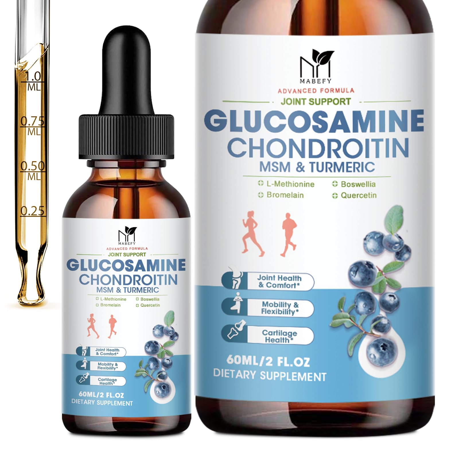 MABEFY Glucosamine Chondroitin MSM Liquid Drops bottle with Blueberry flavor label