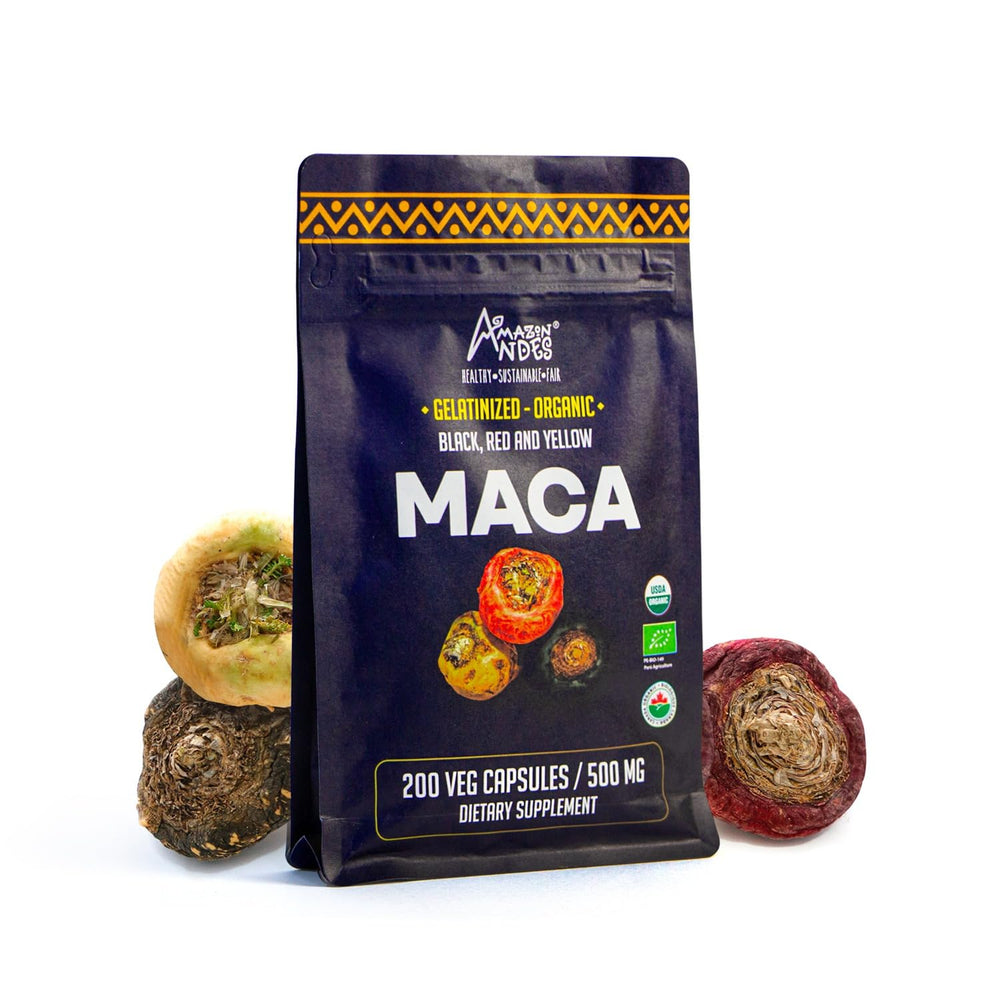 Triple blend Maca capsules: black, red, and yellow
