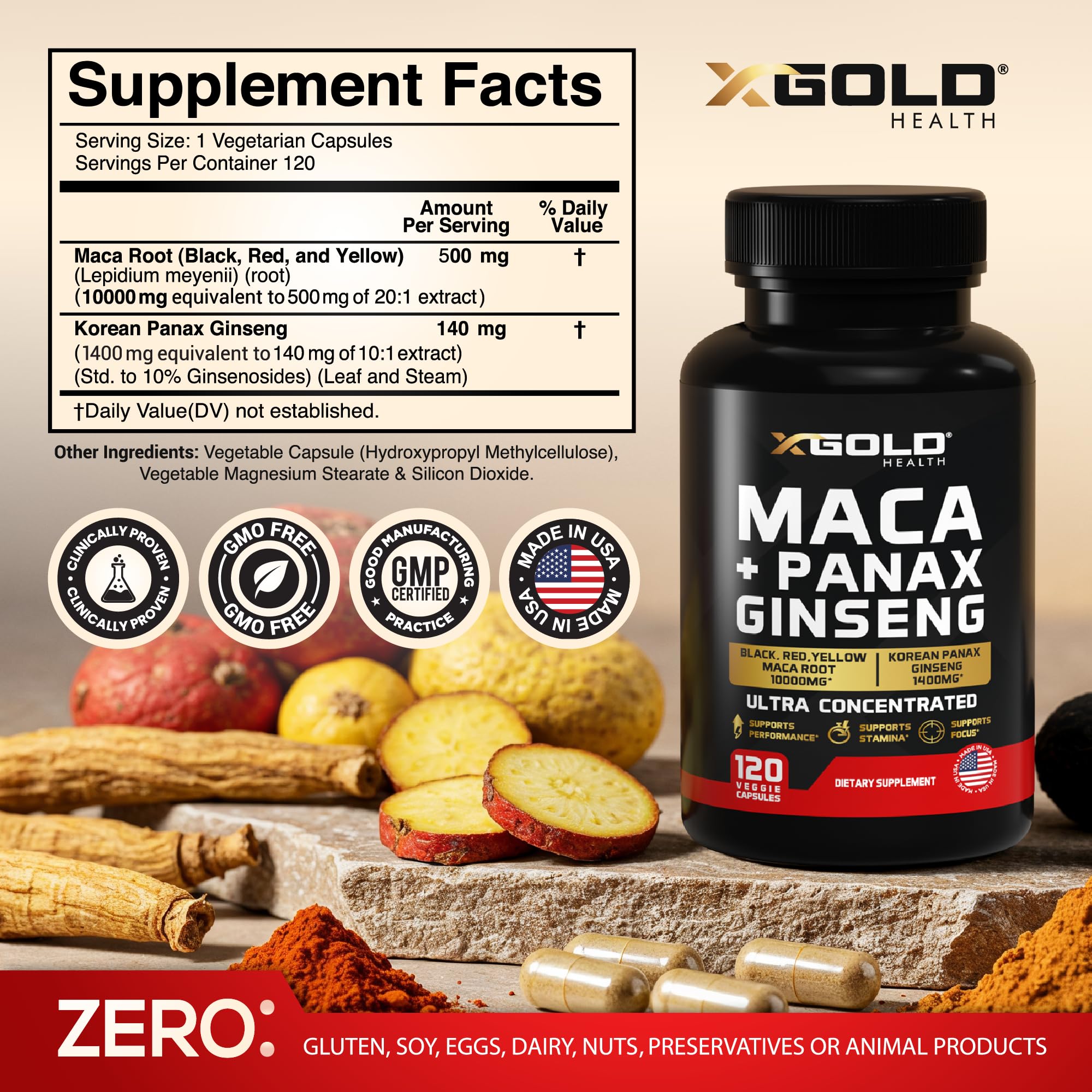 Close-up of Maca and Panax Ginseng capsules showing dosage