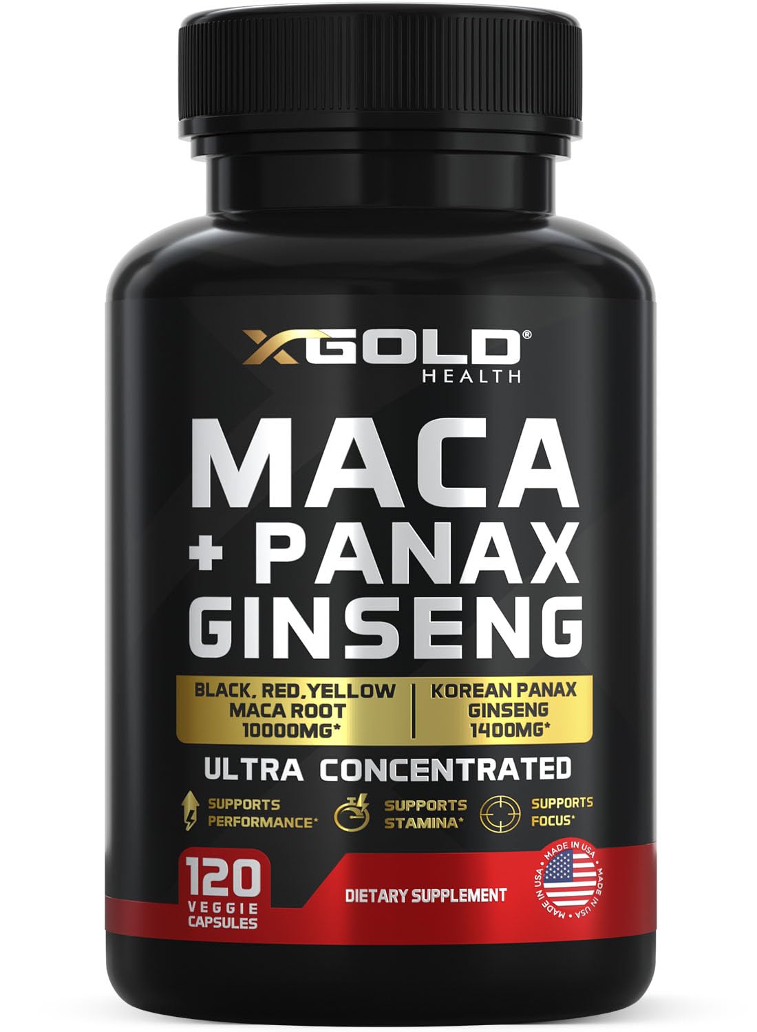 Front view of Maca Root and Panax Ginseng capsules