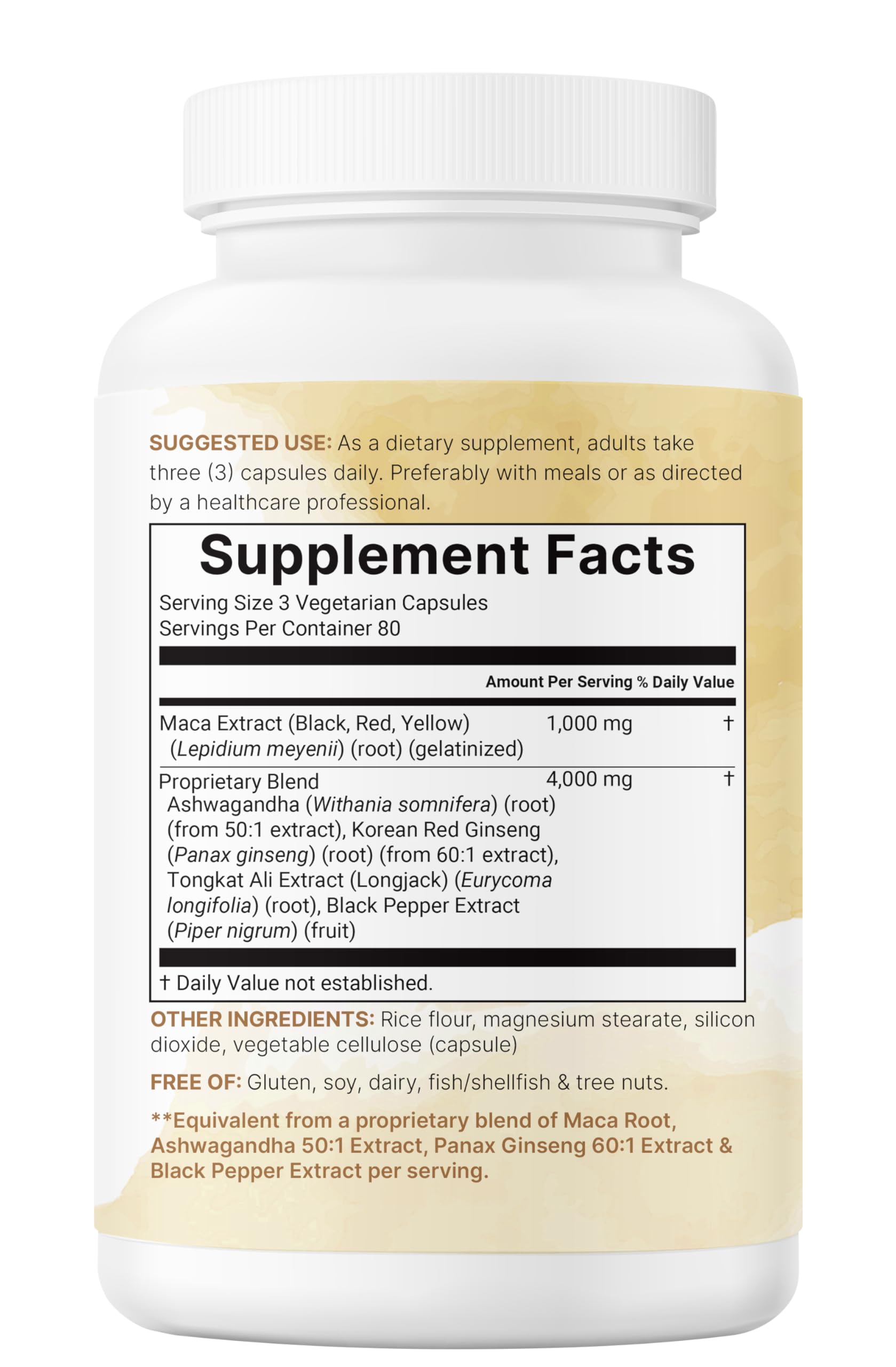 Non-GMO maca supplement packaging with allergen information