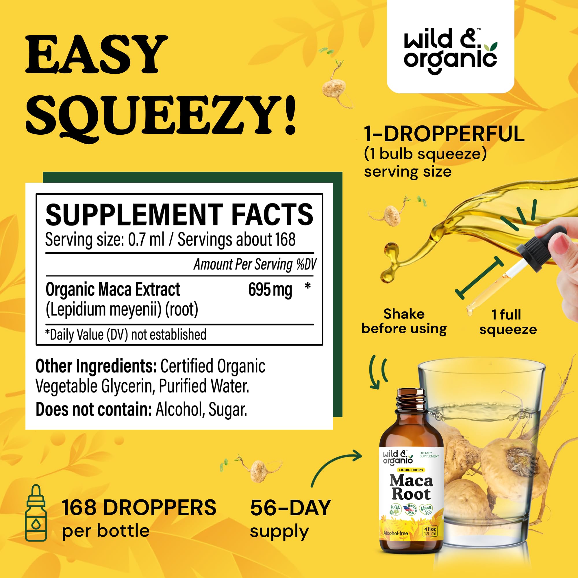 Nutrition label indicating 695 mg maca root extract per serving