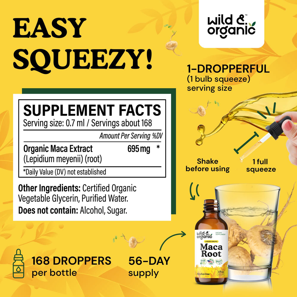 Nutrition label indicating 695 mg maca root extract per serving