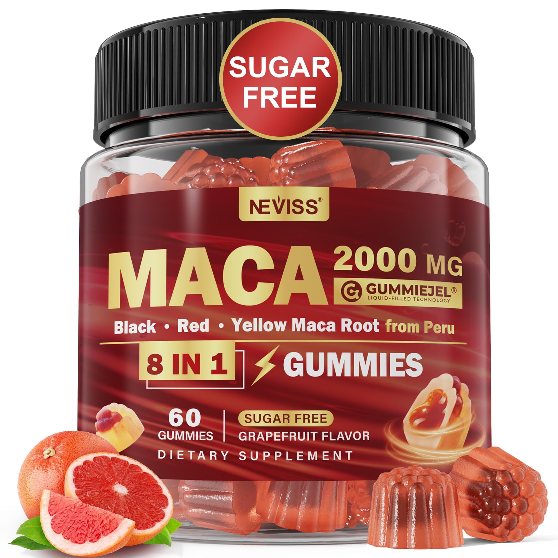 Front view of Maca Root Filled Gummies 2000mg Grapefruit 60 Count package