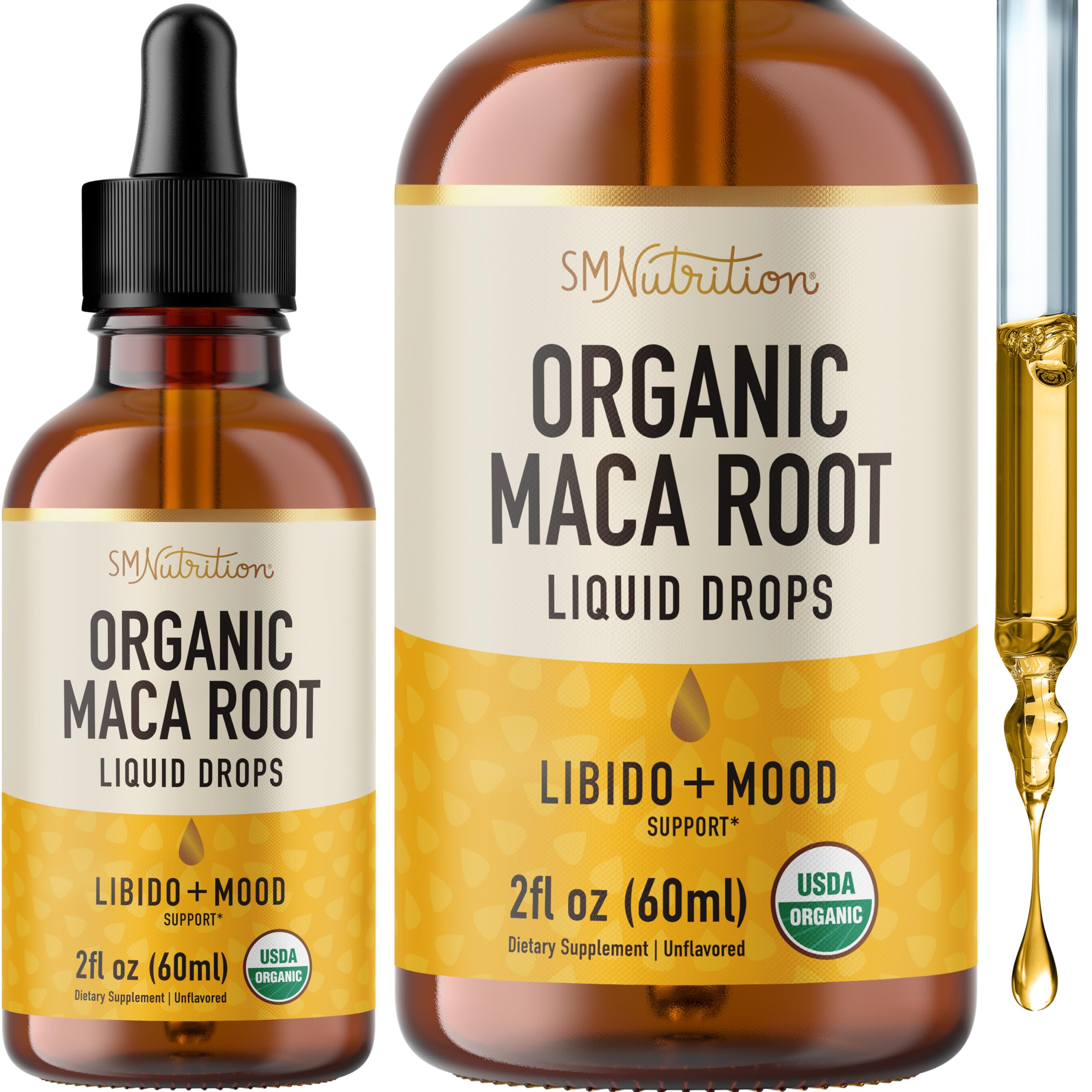 Front view of Maca Root Liquid Drops 2 oz bottle with organic label