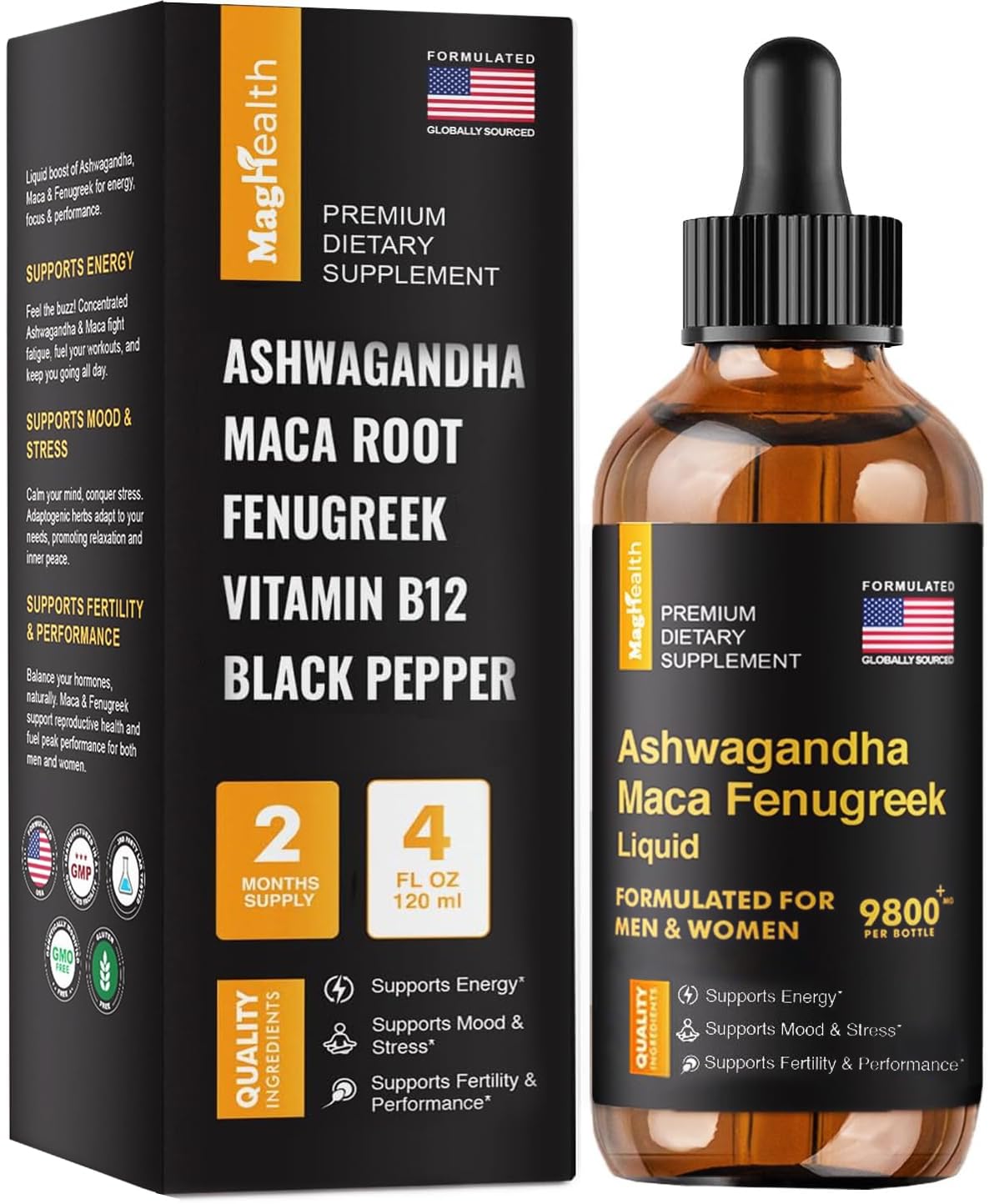 Maca root liquid drops with ashwagandha and fenugreek bottle