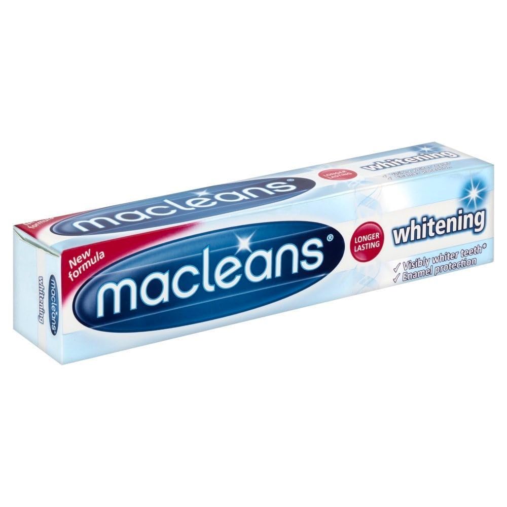 Close-up of Macleans Whitening Toothpaste 100ml tube label