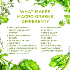 Chart displaying 38 superfoods included in Macro Greens