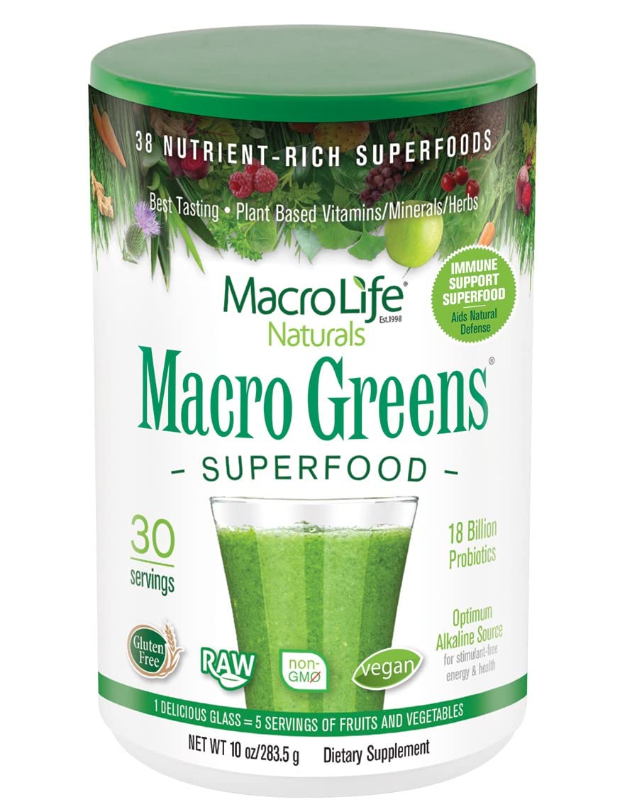 Macro Greens powder label with 10oz jar