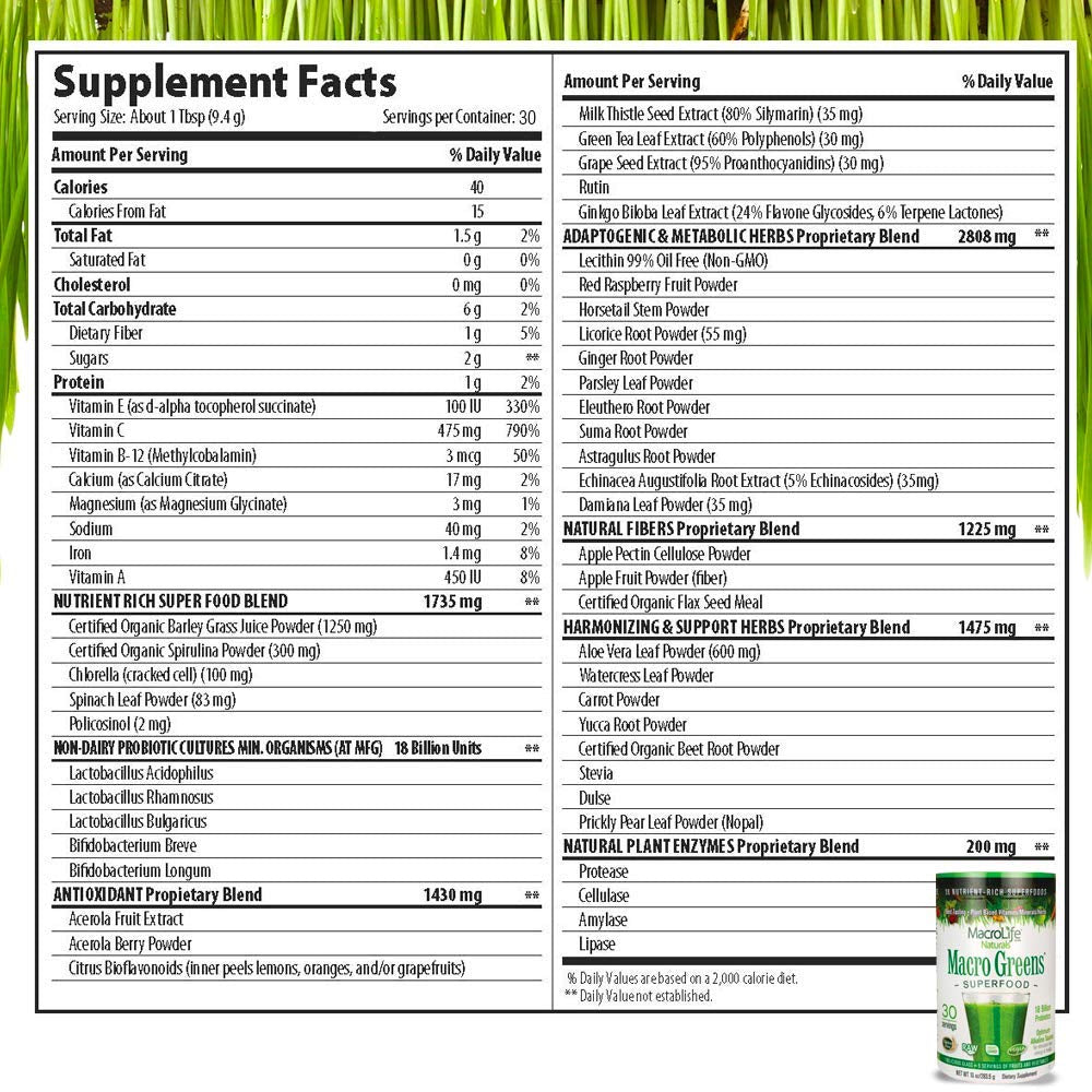 Front view of MacroLife Naturals Macro Greens bottle