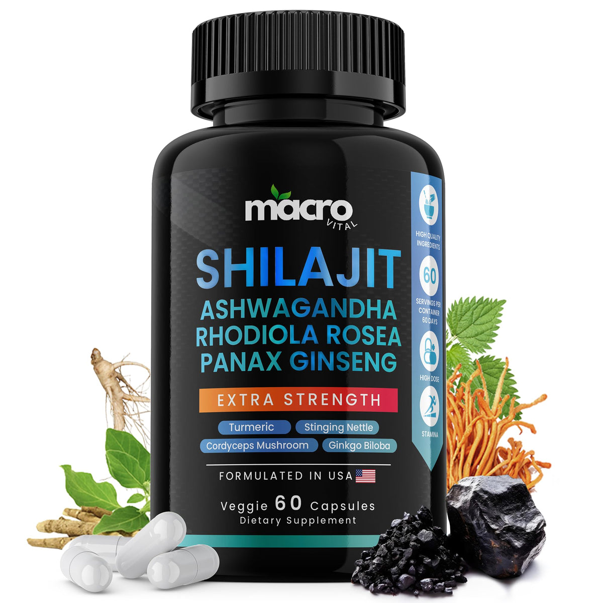 Macro Vital Shilajit 8-in-1 bottle with capsules
