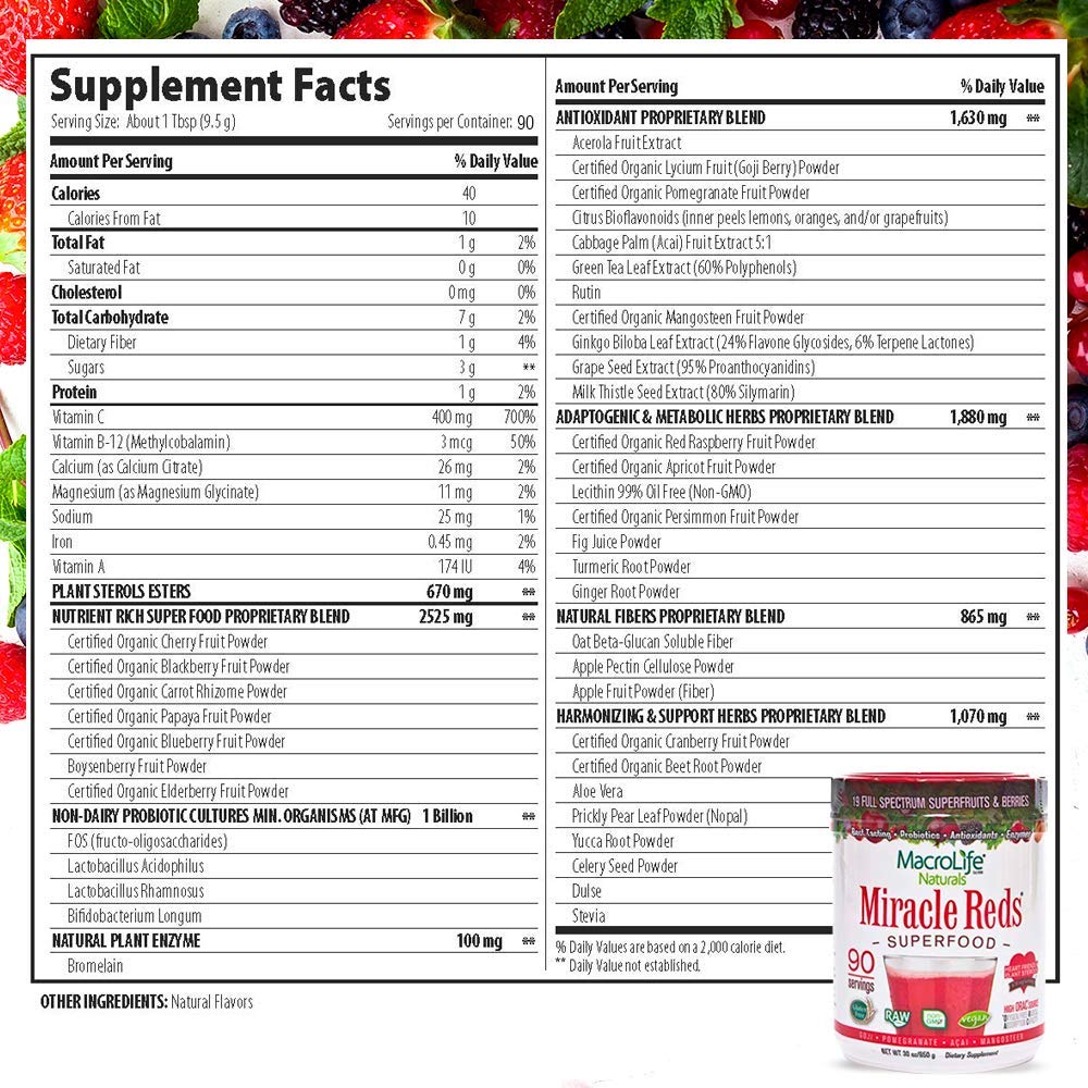 Close-up of Miracle Reds label and nutrition panel