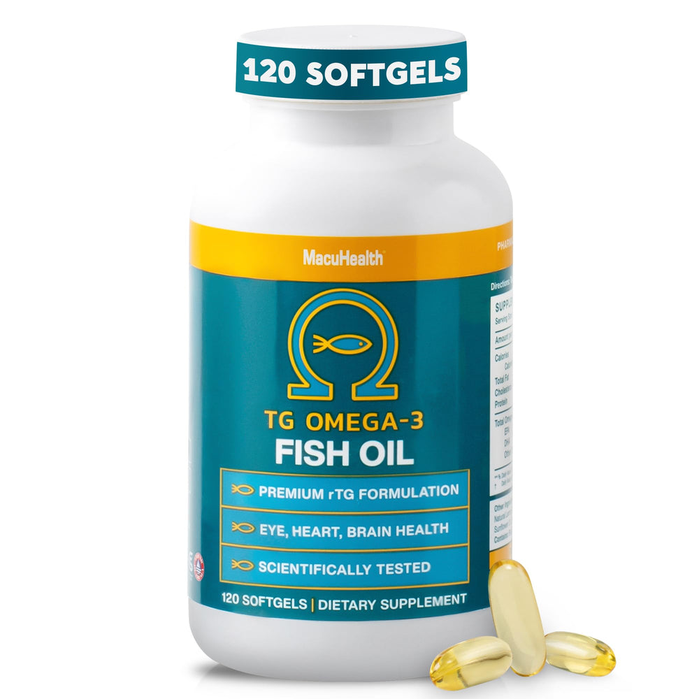 Macuhealth Omega-3 Fish Oil bottle with 120 softgels - front view