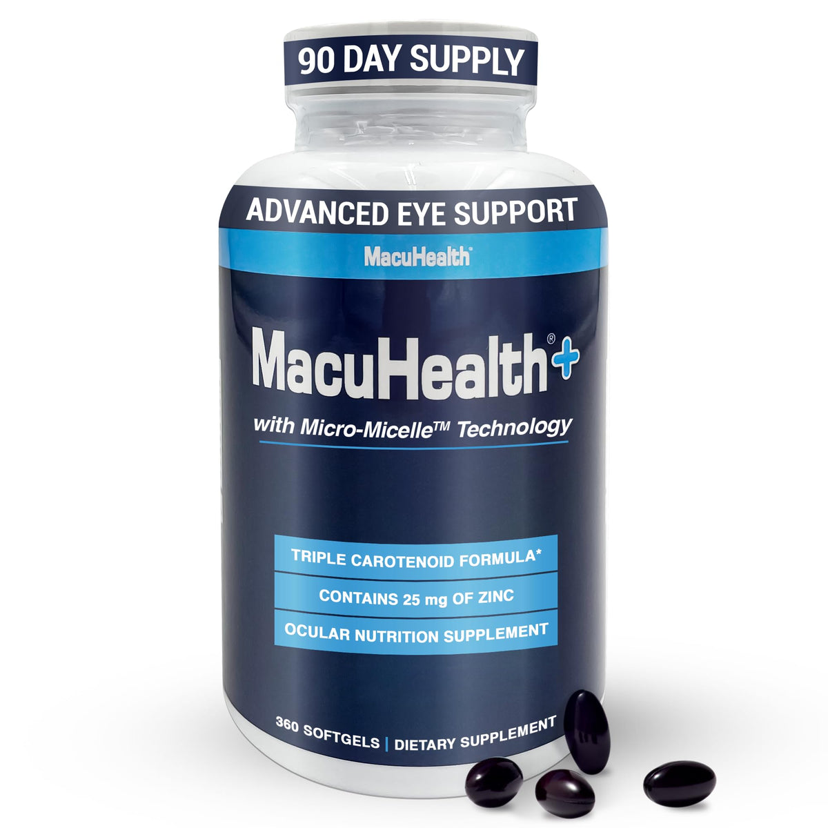 Macuhealth Plus+ Eye Vitamins bottle and cap close-up