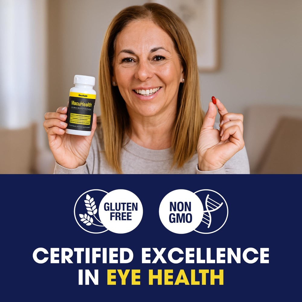 MacuHealth capsules on tray illustrate convenient daily support for on-the-go routines.