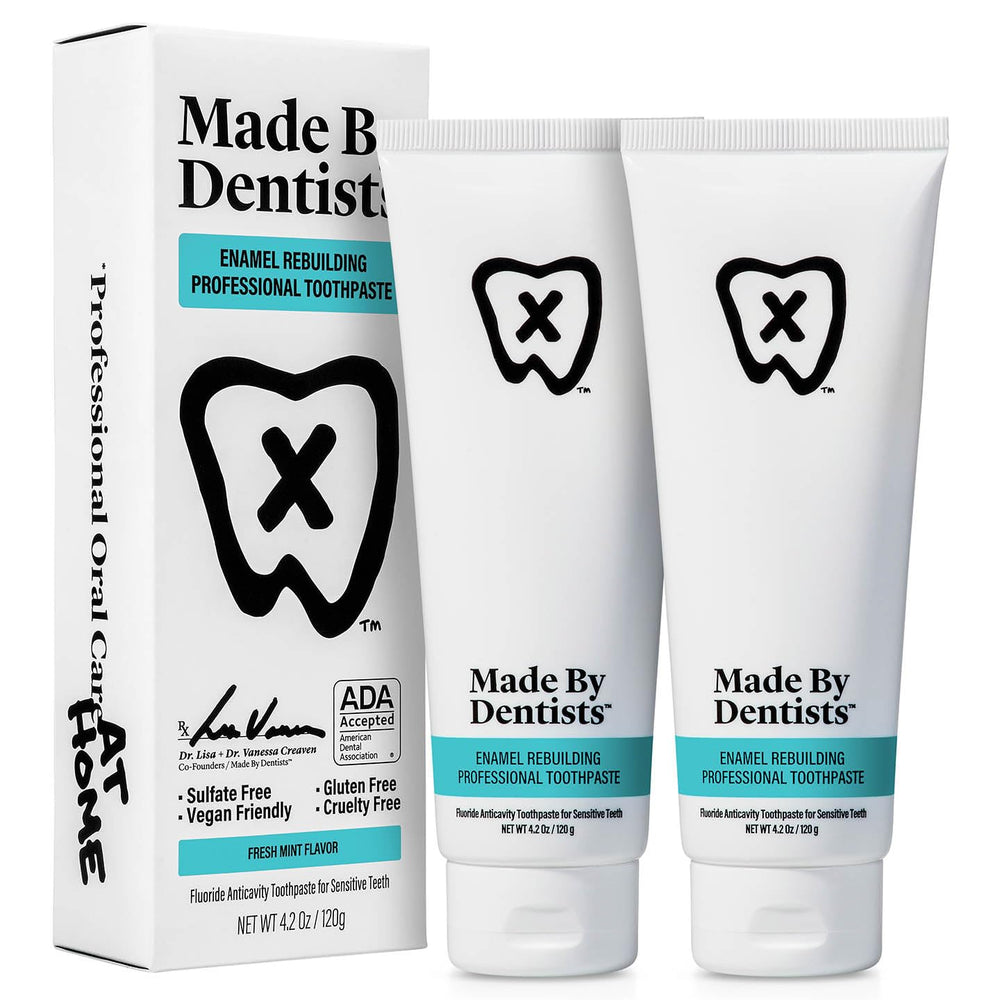 Front view of Made by Dentists Enamel Rebuilding Toothpaste box and tubes