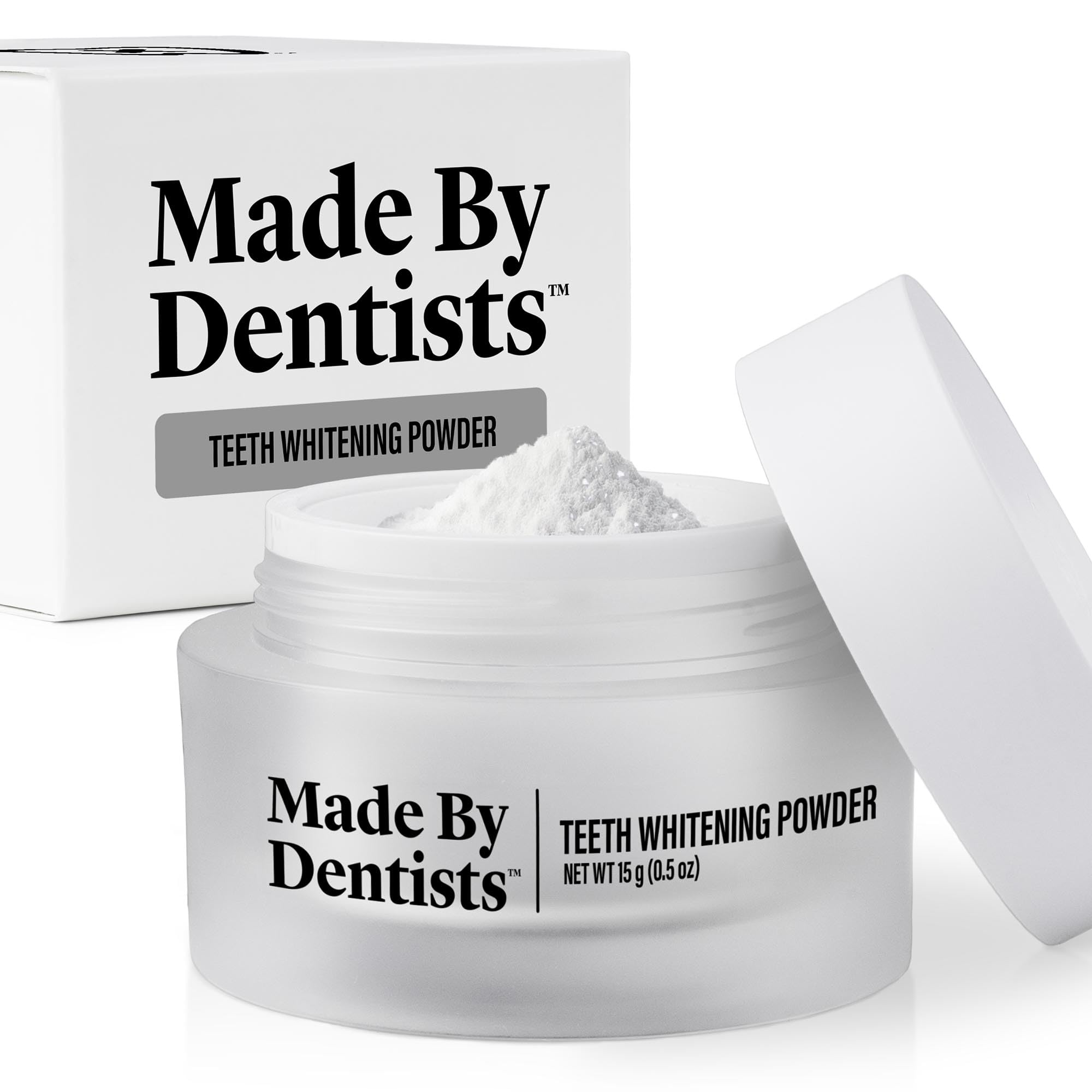 Jar of Made by Dentists Teeth Whitening Powder with label