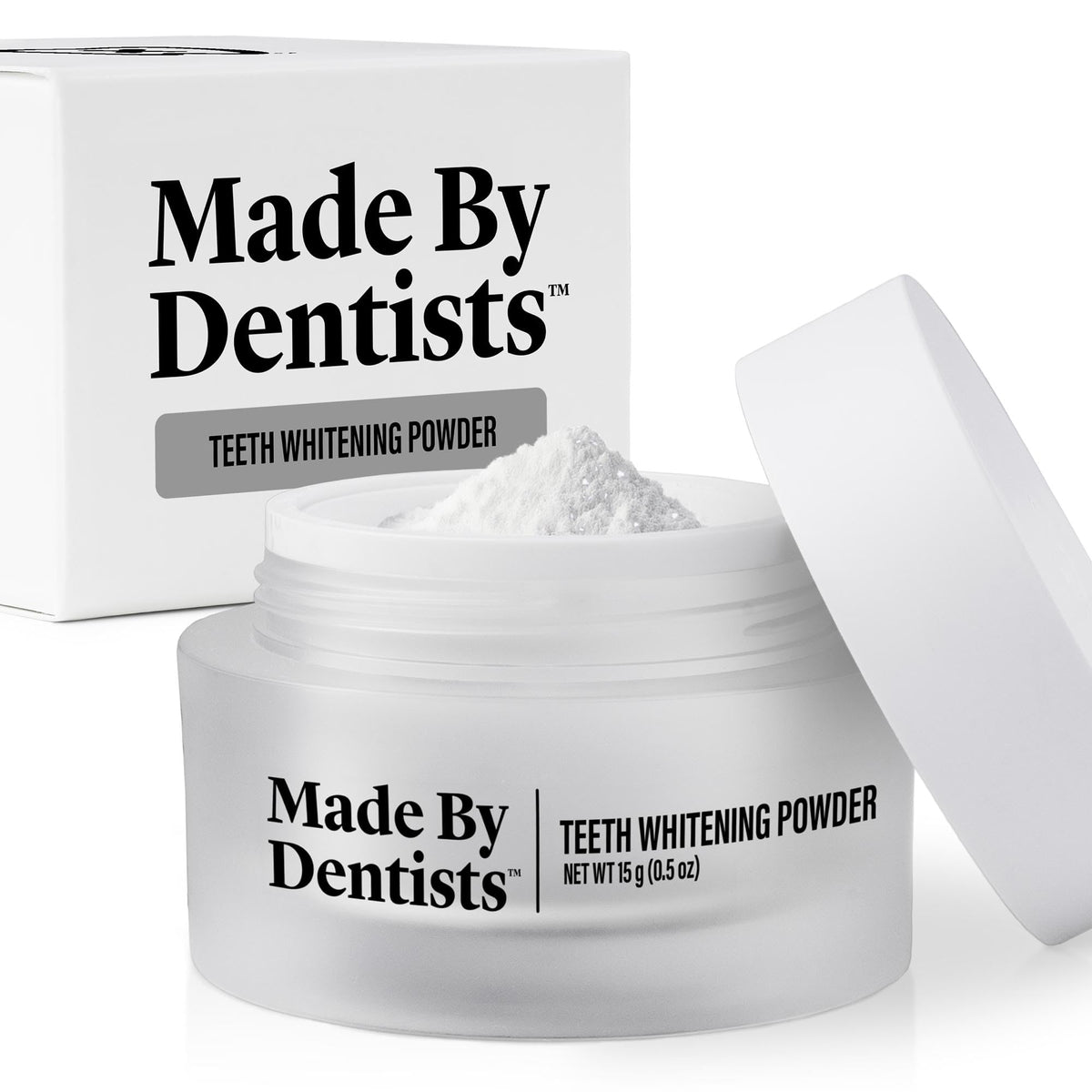 Jar of Made by Dentists Teeth Whitening Powder with label