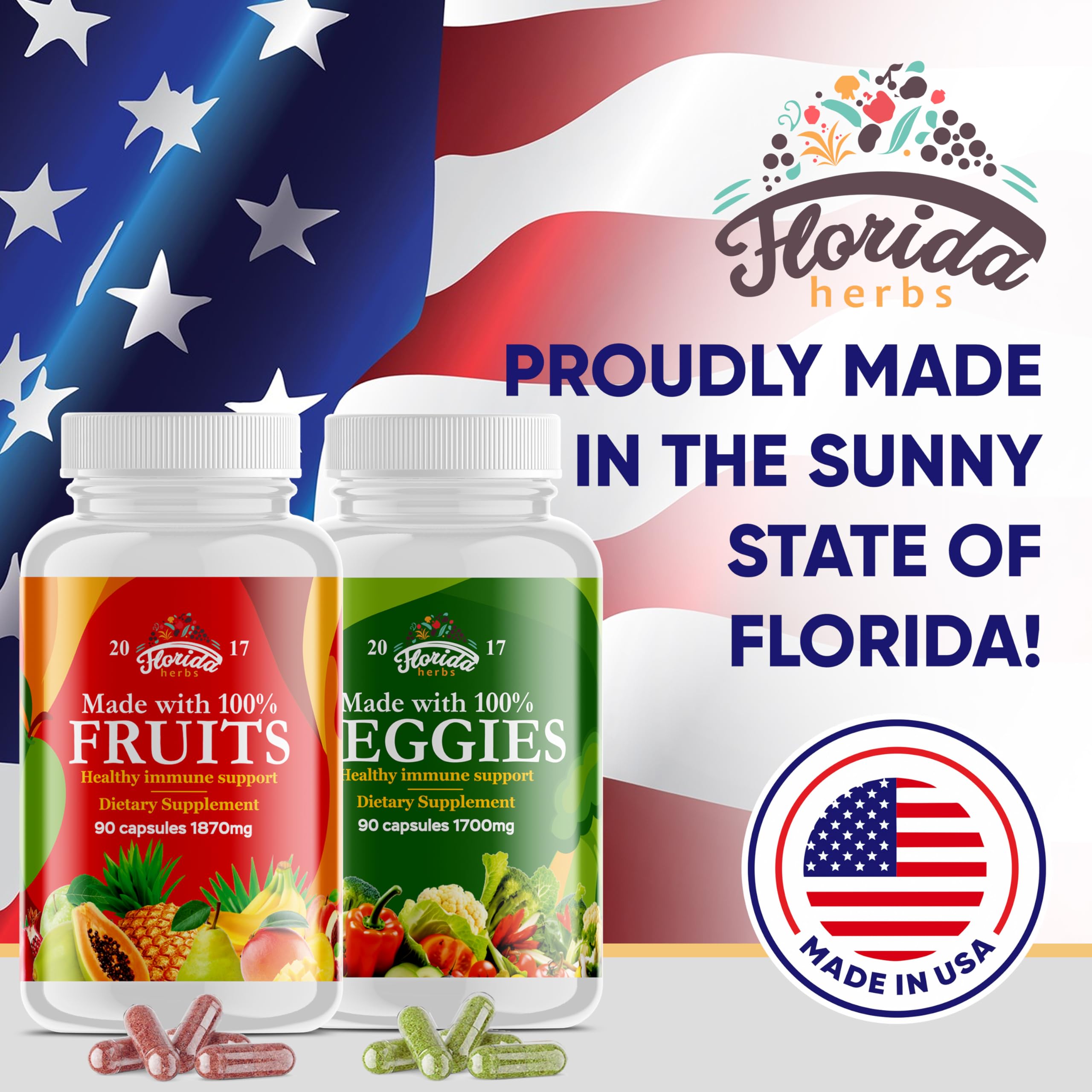 Made in the USA packaging with fruits and vegetables capsules