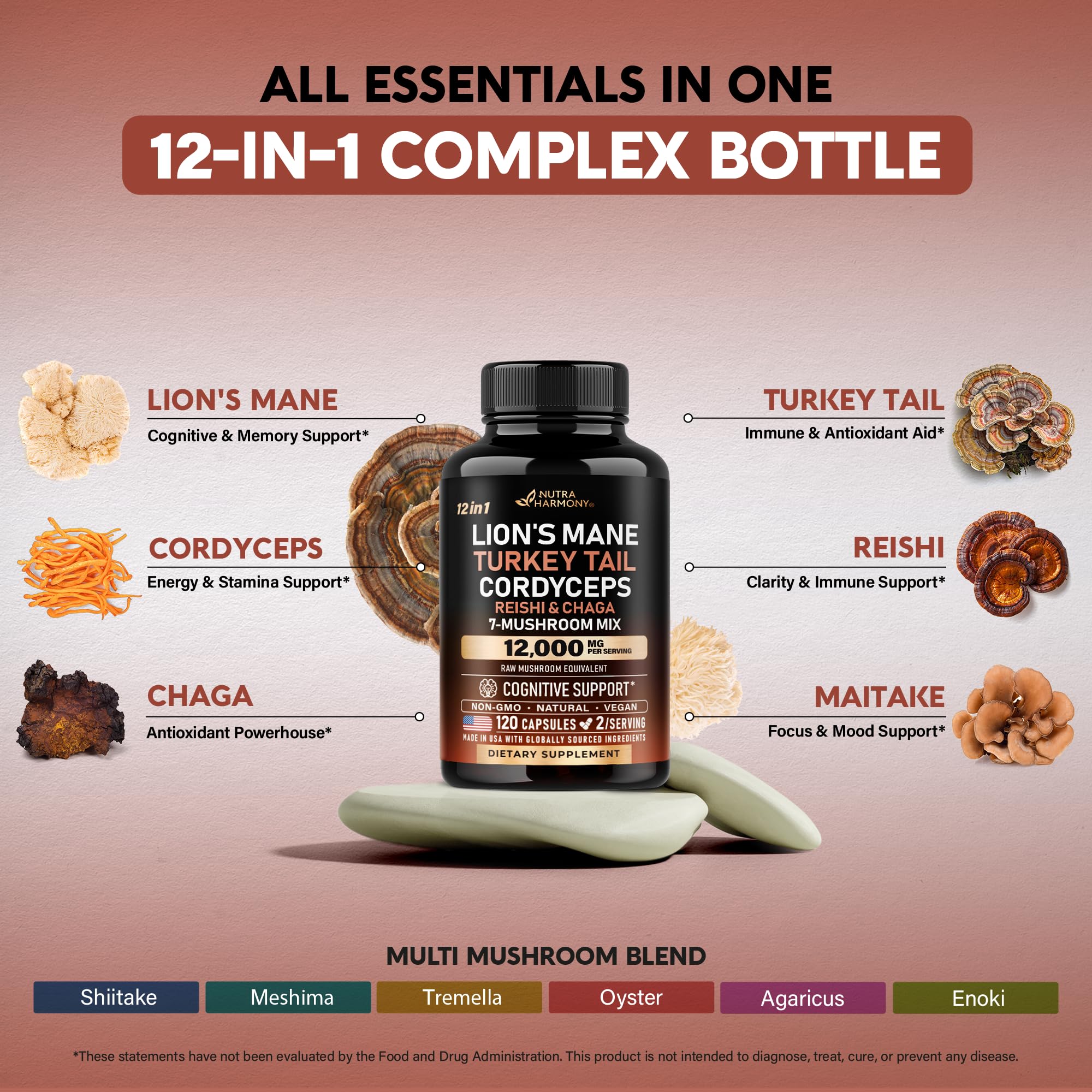 Made in USA label with mushroom supplement bottle