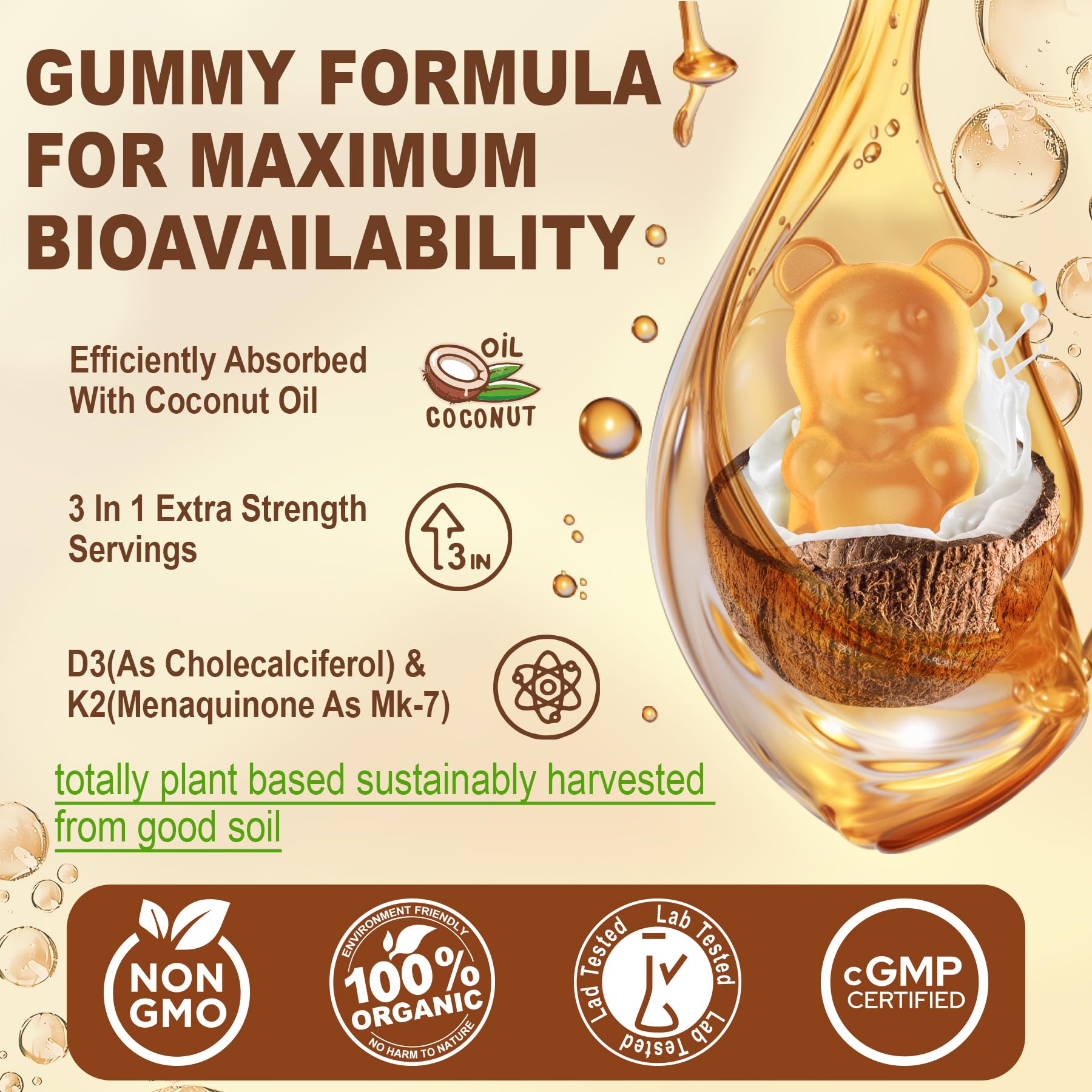 Manufactured in USA vegan D3 K2 gummies bottle