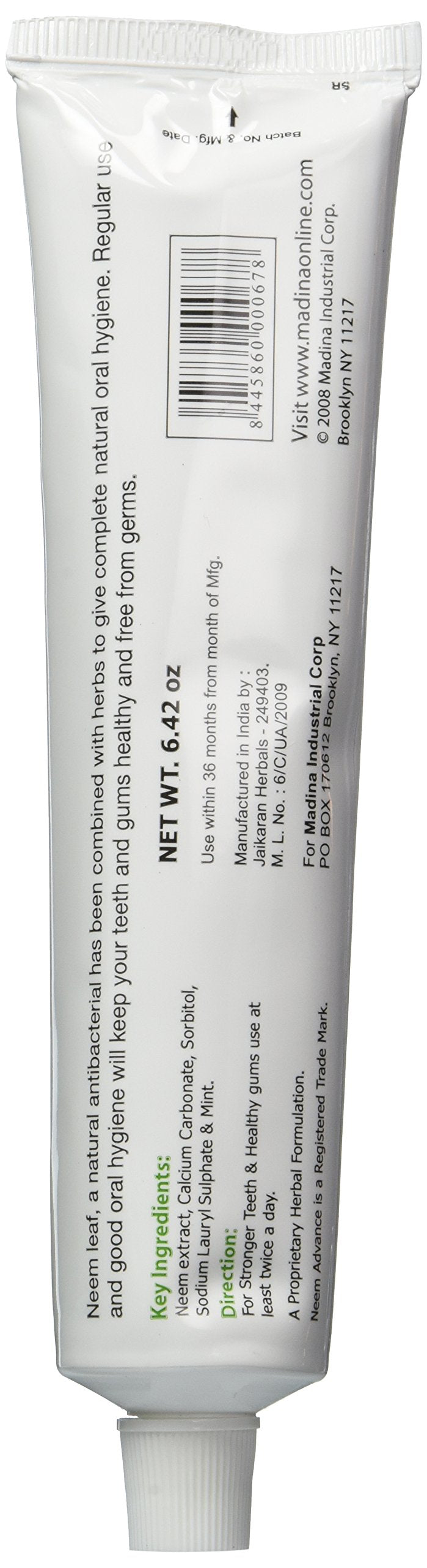 Close-up of Madina Neem toothpaste with mint flavor