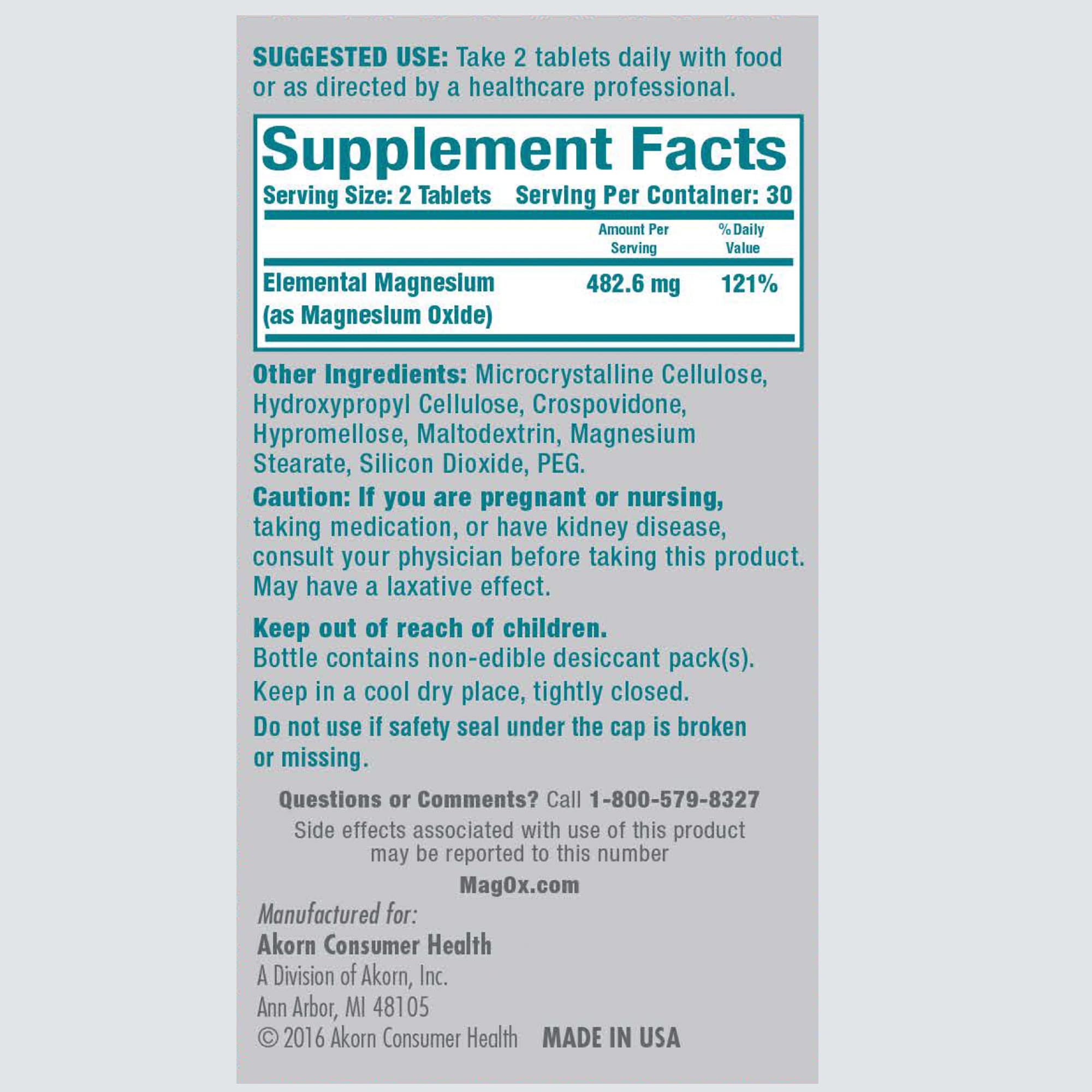 Mag-Ox 400 bottle back label with supplement facts