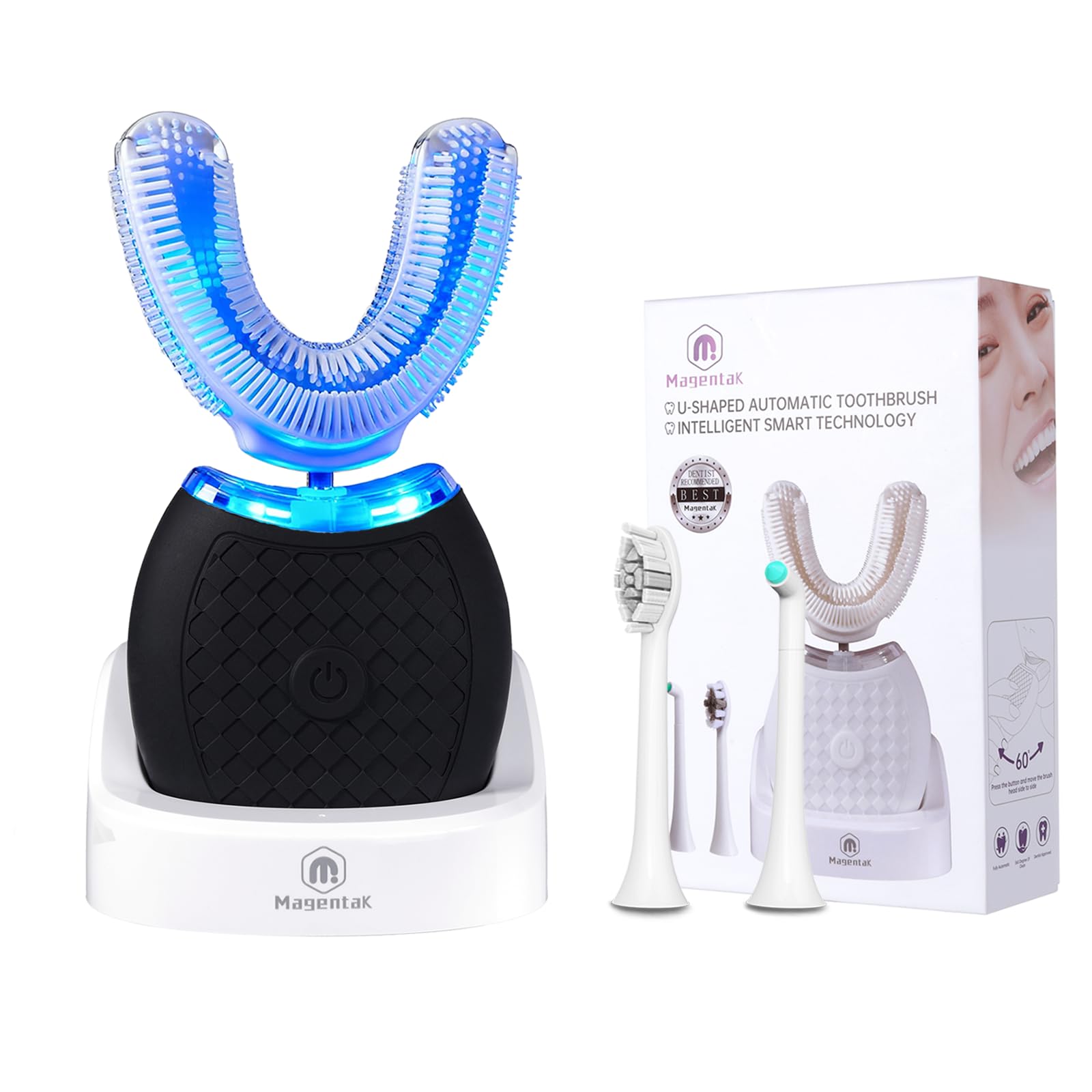 Magentak Ultrasonic U-Shaped Toothbrush in black with charging dock