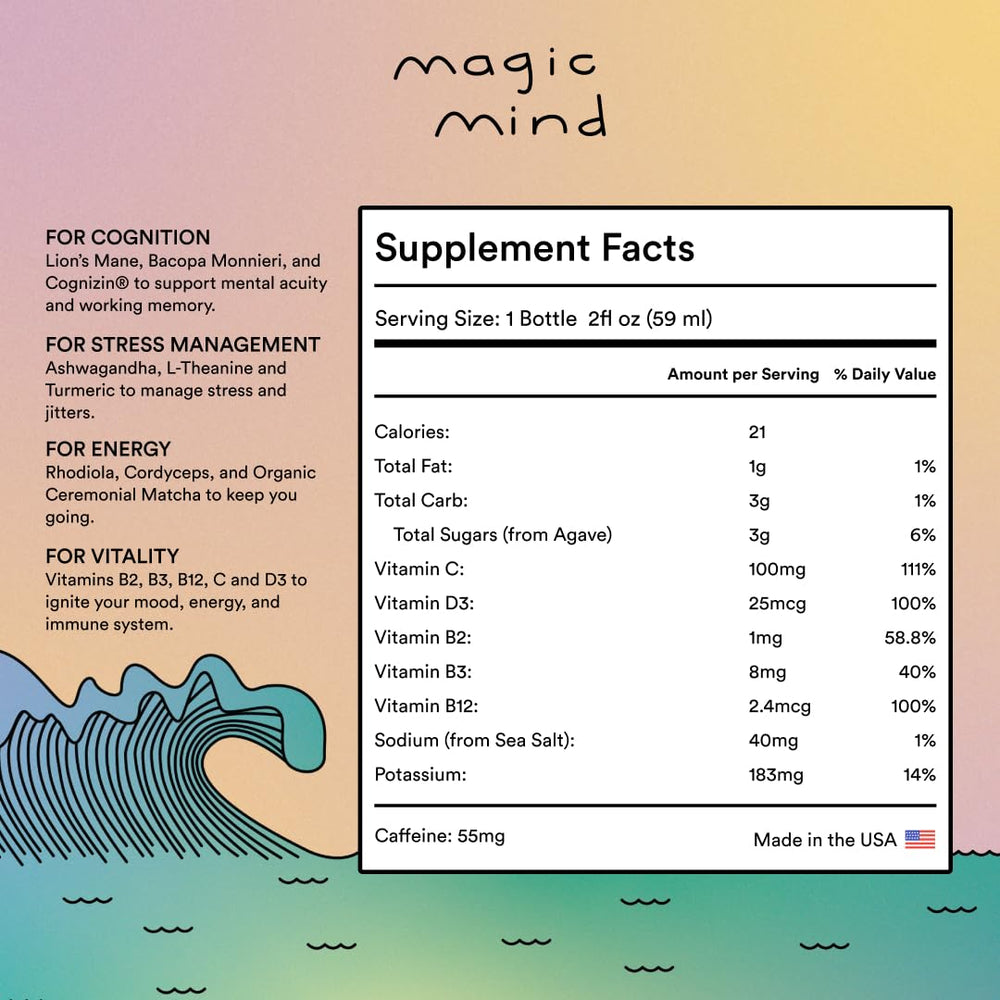 Close-up of Magic Mind bottle label and cap
