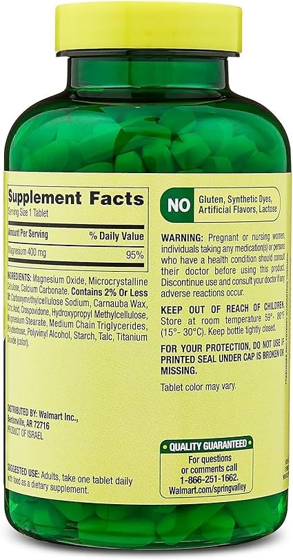Spring Valley magnesium supplement bottle label 400 mg