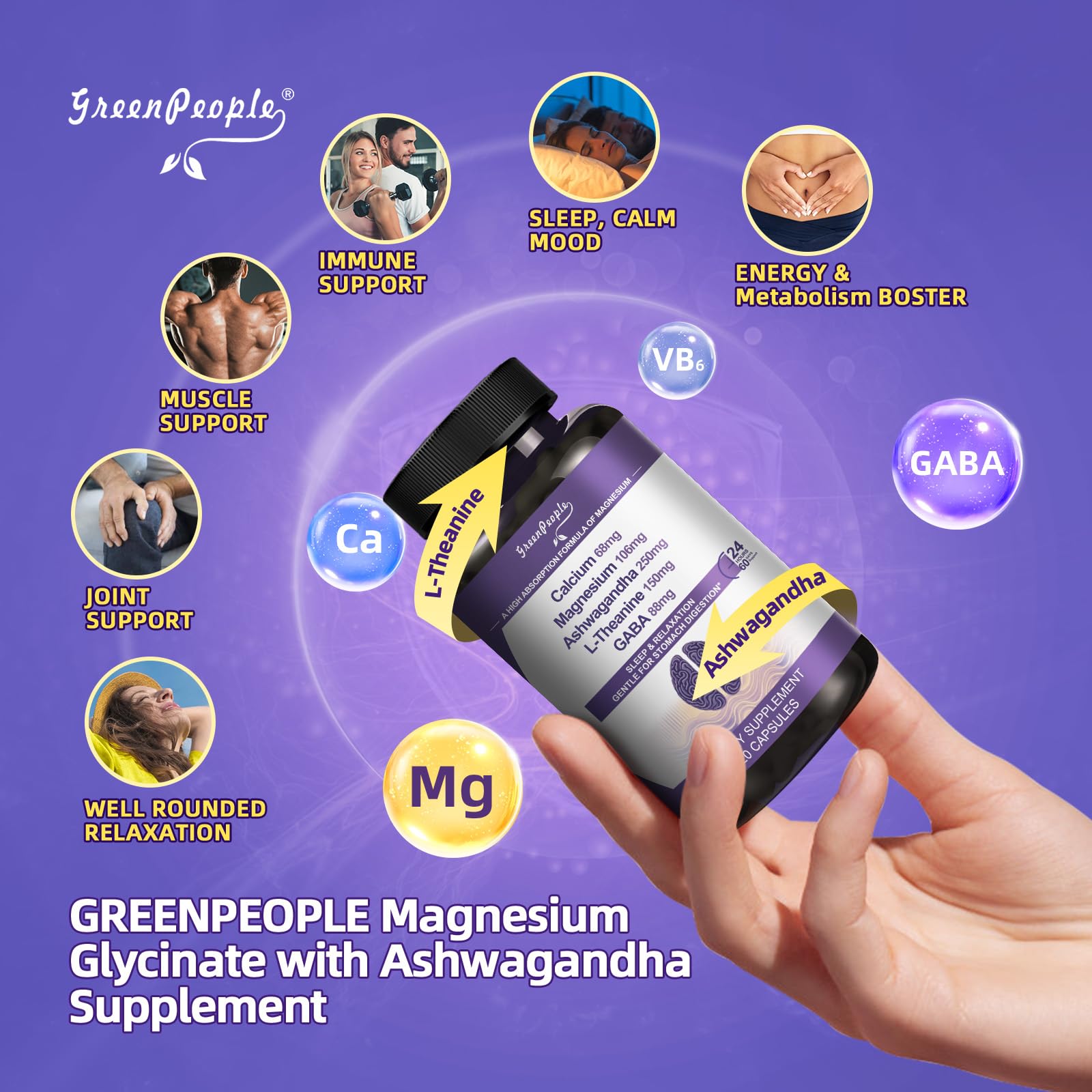 Back panel showing supplement facts for Magnesium Glycinate & Ashwagandha - 120 count